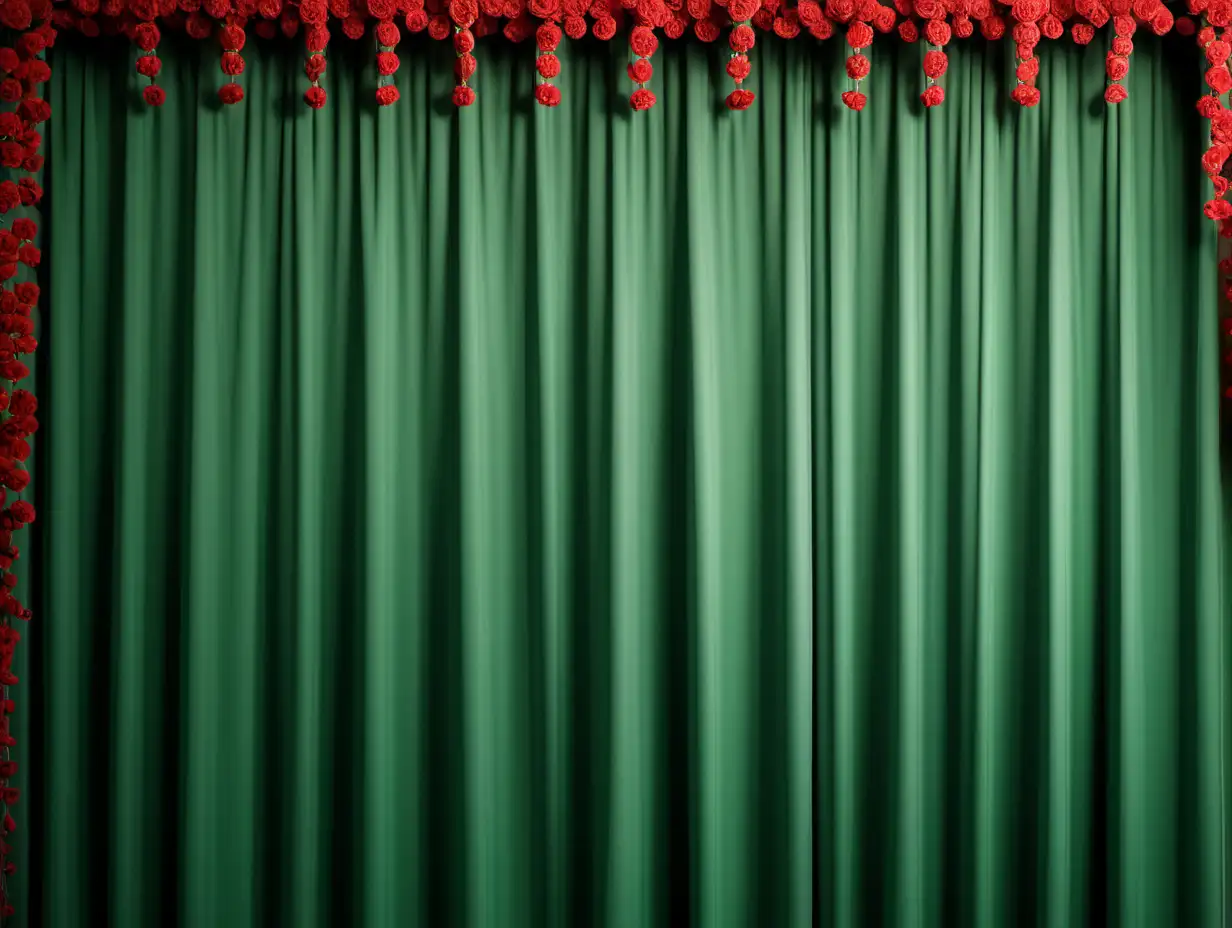Lush Green Curtains Adorned with Vibrant Red Flowers