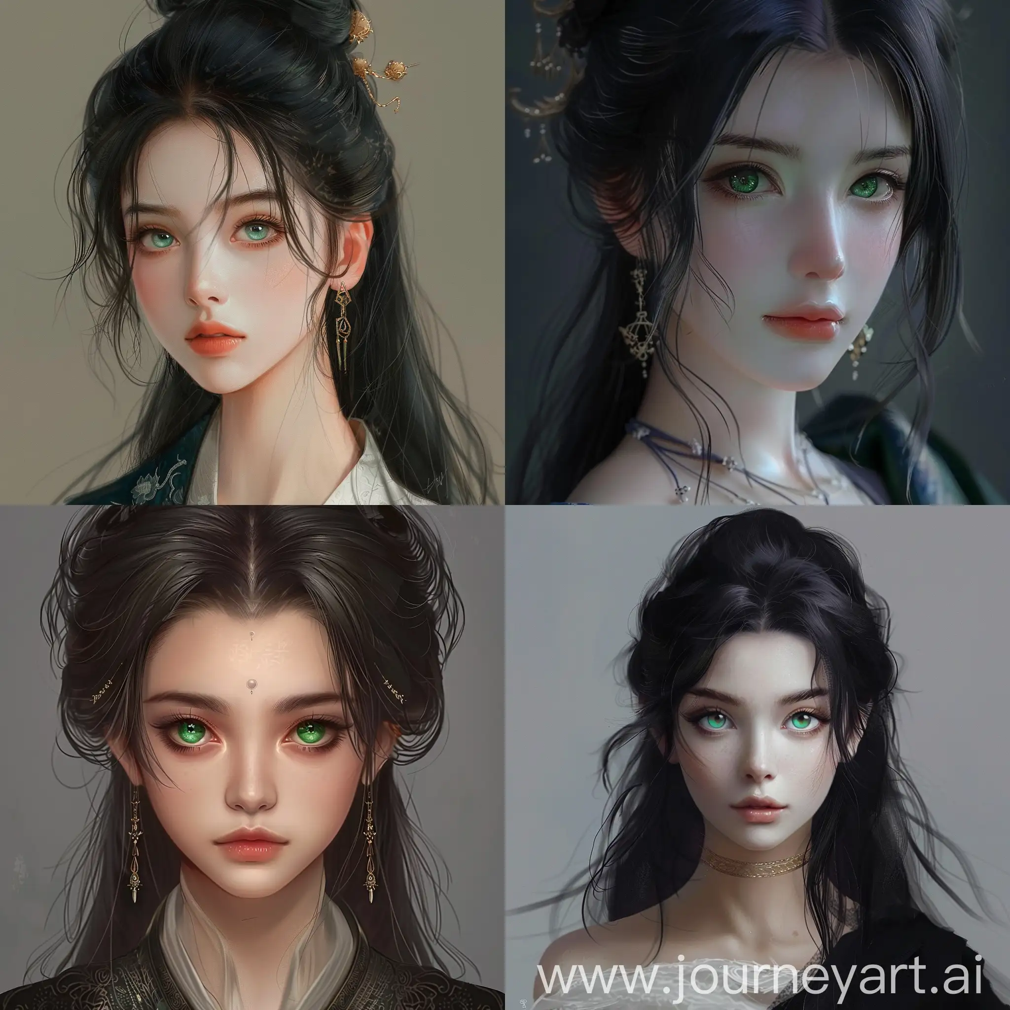 A noblewoman with black hair, emerald green eyes, fair skin. thin. She looks beautiful. Slightly Asian.