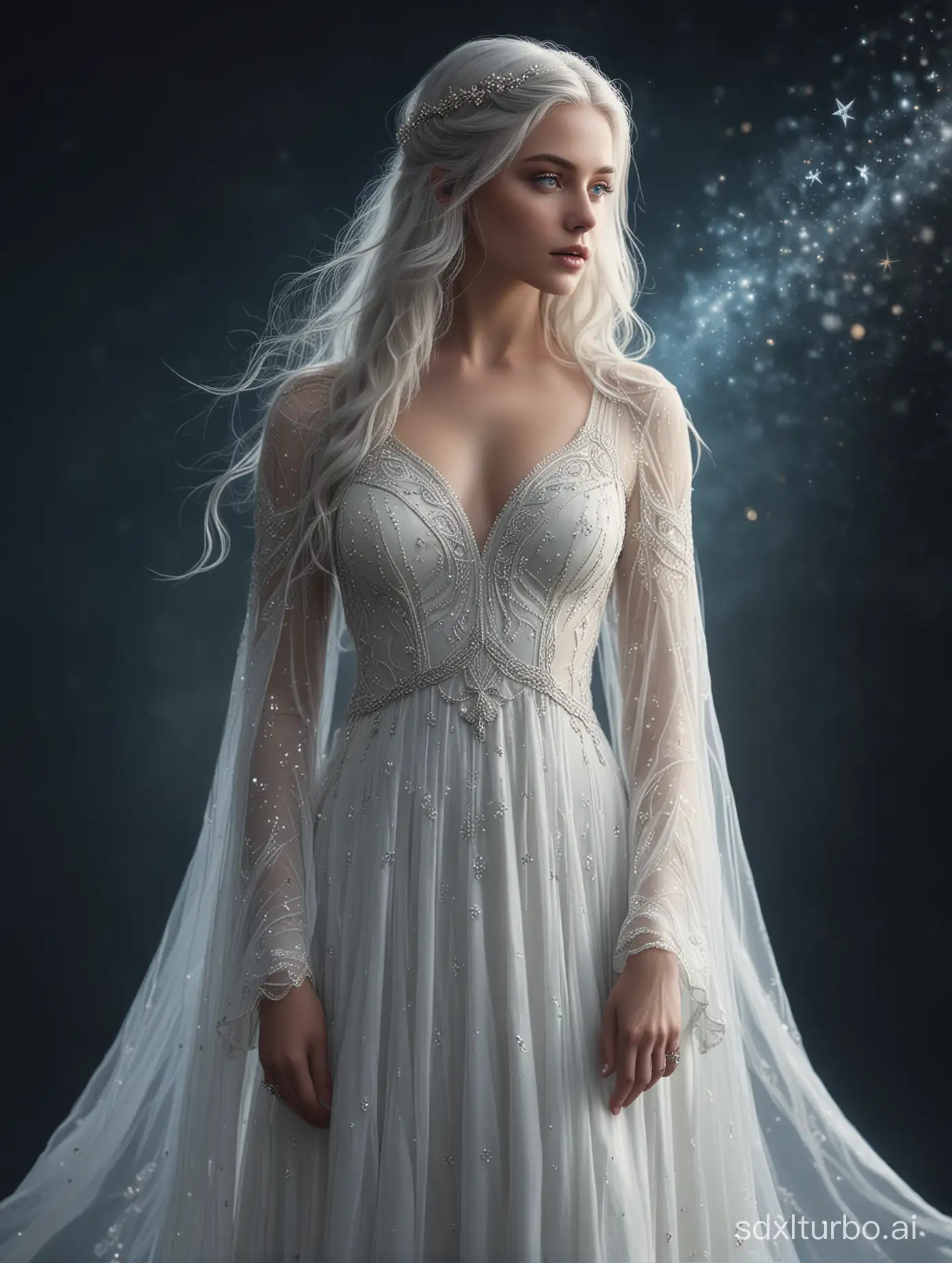 A serene and elegant woman with long, flowing silver hair and piercing blue eyes that shine like stars. Her skin has a radiant, ethereal glow, as if illuminated from within. She wears a flowing white gown that seems to shimmer and shine in the light, with intricate patterns of gold and silver thread embroidered throughout. In her hand, she holds a delicate crystal orb that glows with a soft, pulsing light. The background is a soft, gradient blue, evoking a sense of calmness and wisdom. The atmosphere is one of peaceful contemplation and inner illumination. Full-body photograph, showcasing Lumina's slender yet statuesque figure, with her gown flowing around her like a mist.