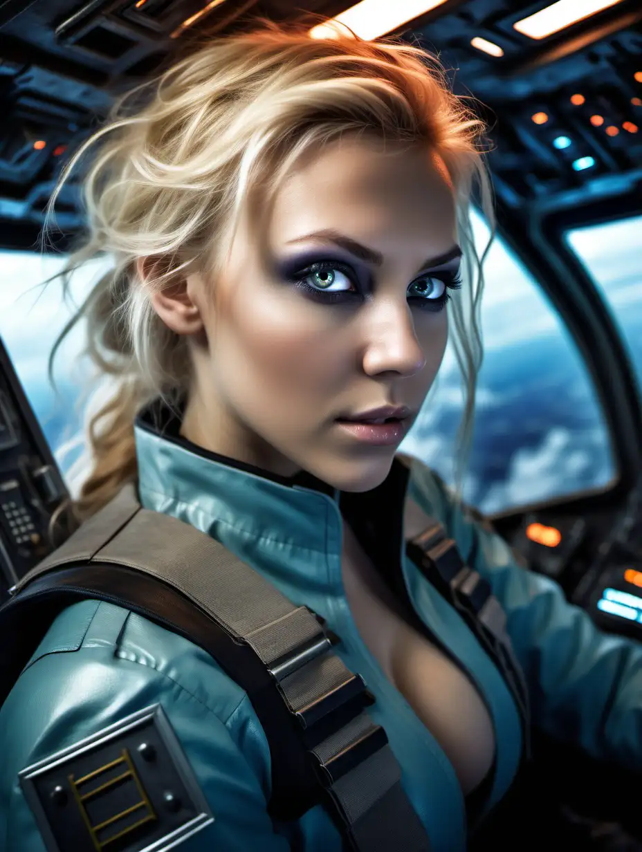 Beautiful Nordic woman, very attractive face, detailed eyes, big breasts, dark eye shadow, messy blonde hair, dressed in a colored flight, close up, soft light on face, rim lighting, facing away from camera, looking back over her shoulder, inside a futuristic cockpit, photorealistic, very high detail, extra wide photo, full body photo, aerial photo