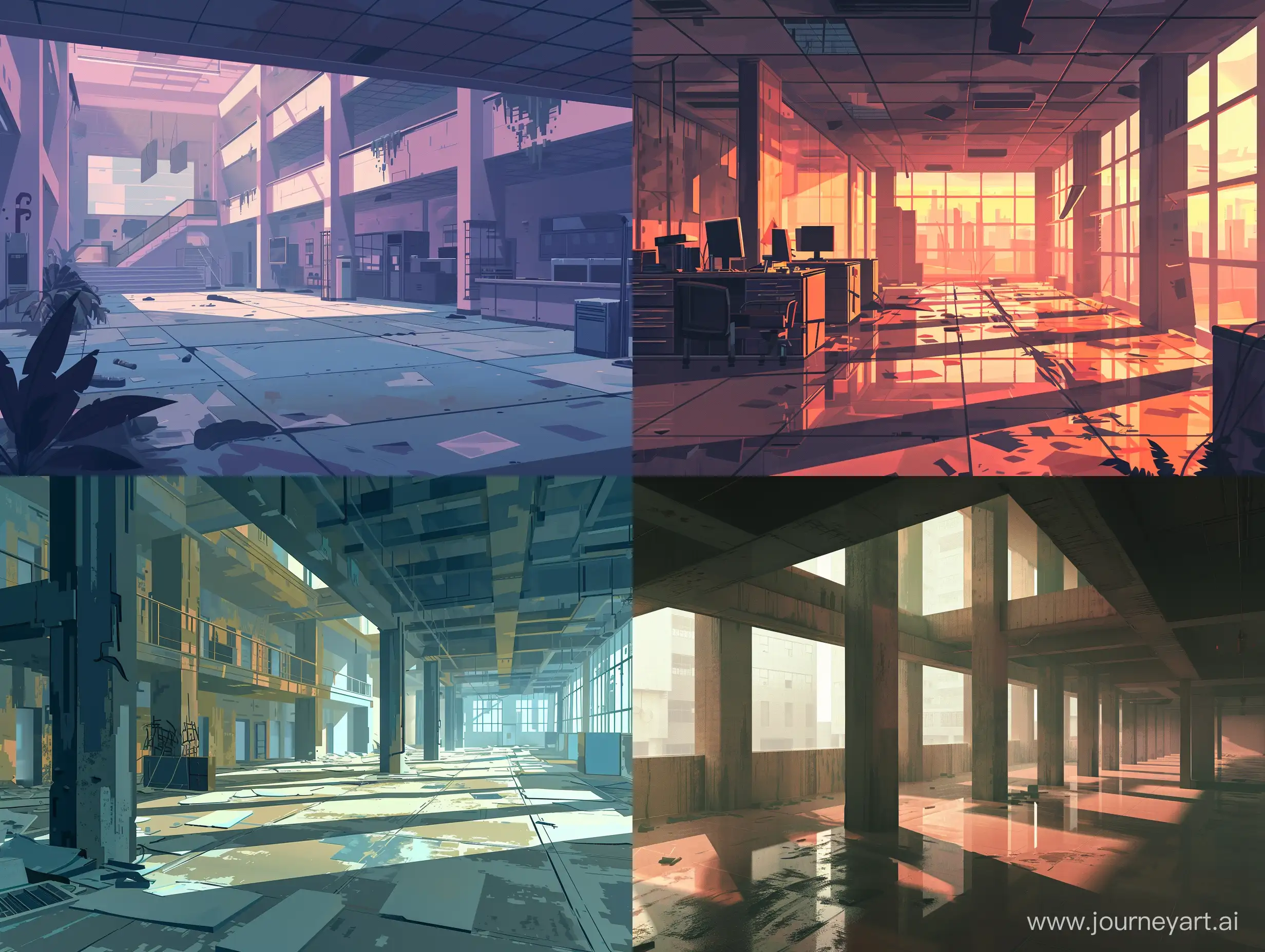 2d platformer, side view. 2d game of sprites drawn by Matt painting. floors, large scale, like an inside game. The genre is a post-apocalypse quest. The location is a large office space, an abandoned office. brutalist architecture. a gloomy post-apocalyptic atmosphere. the twilight. contrast and expressive textures pale shades, 8K, photorealism, unreal engine