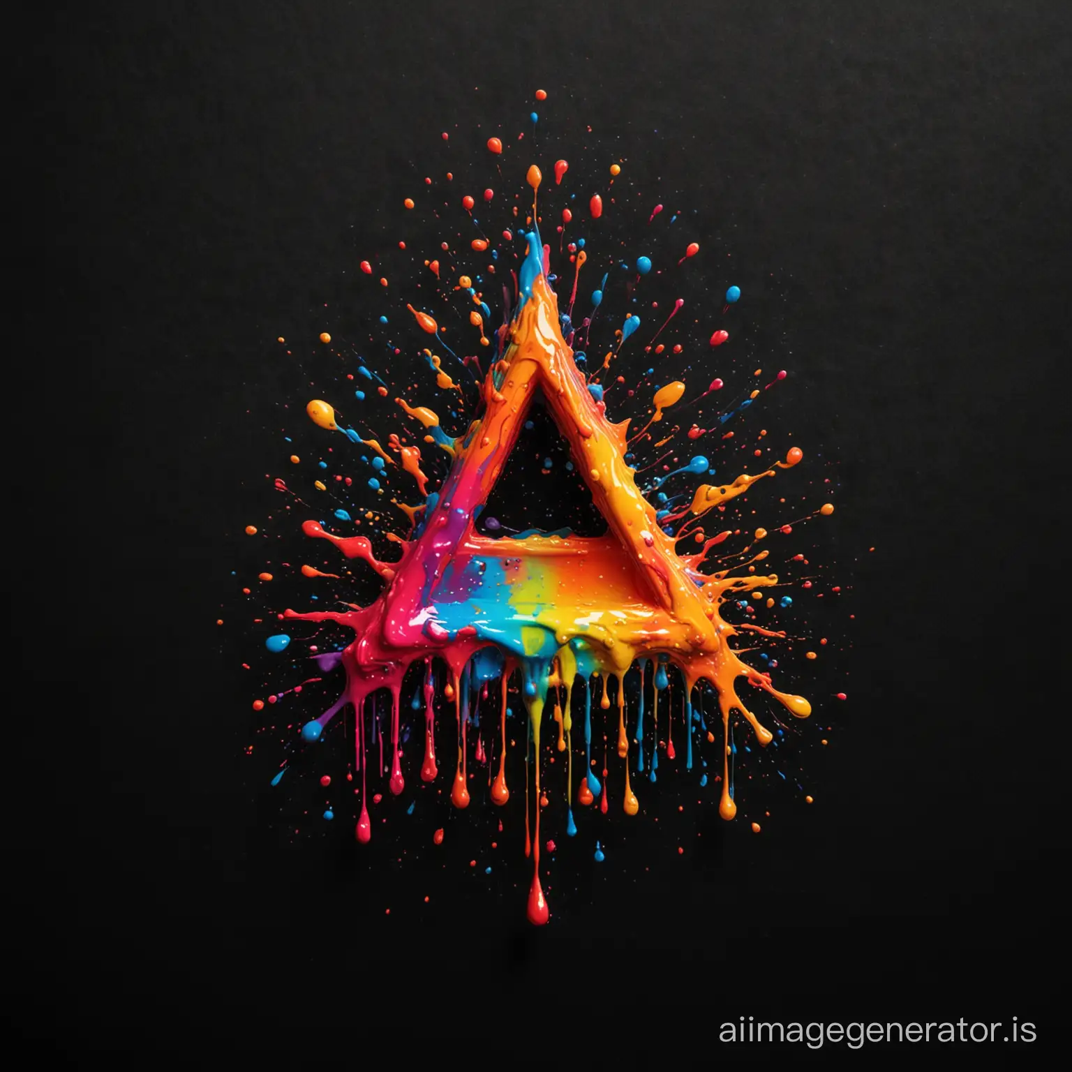 a liquid triangle shape with drops and splashes of bright colored paint on a black background