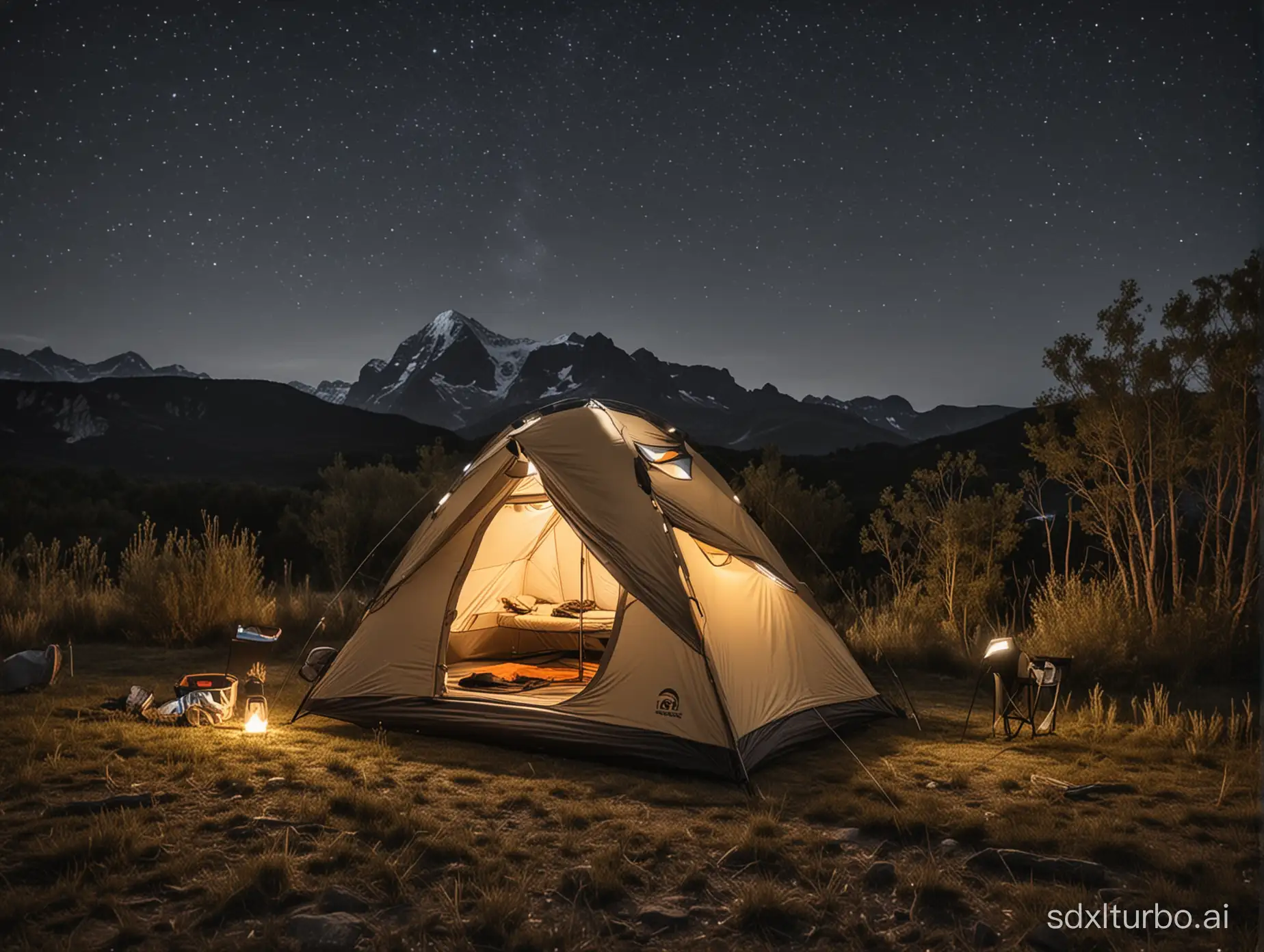 une tente de camping transportable très surélevée avec un éclairage led à l'intérieur, sans fenêtres pour une personne avec une seule ouverture
