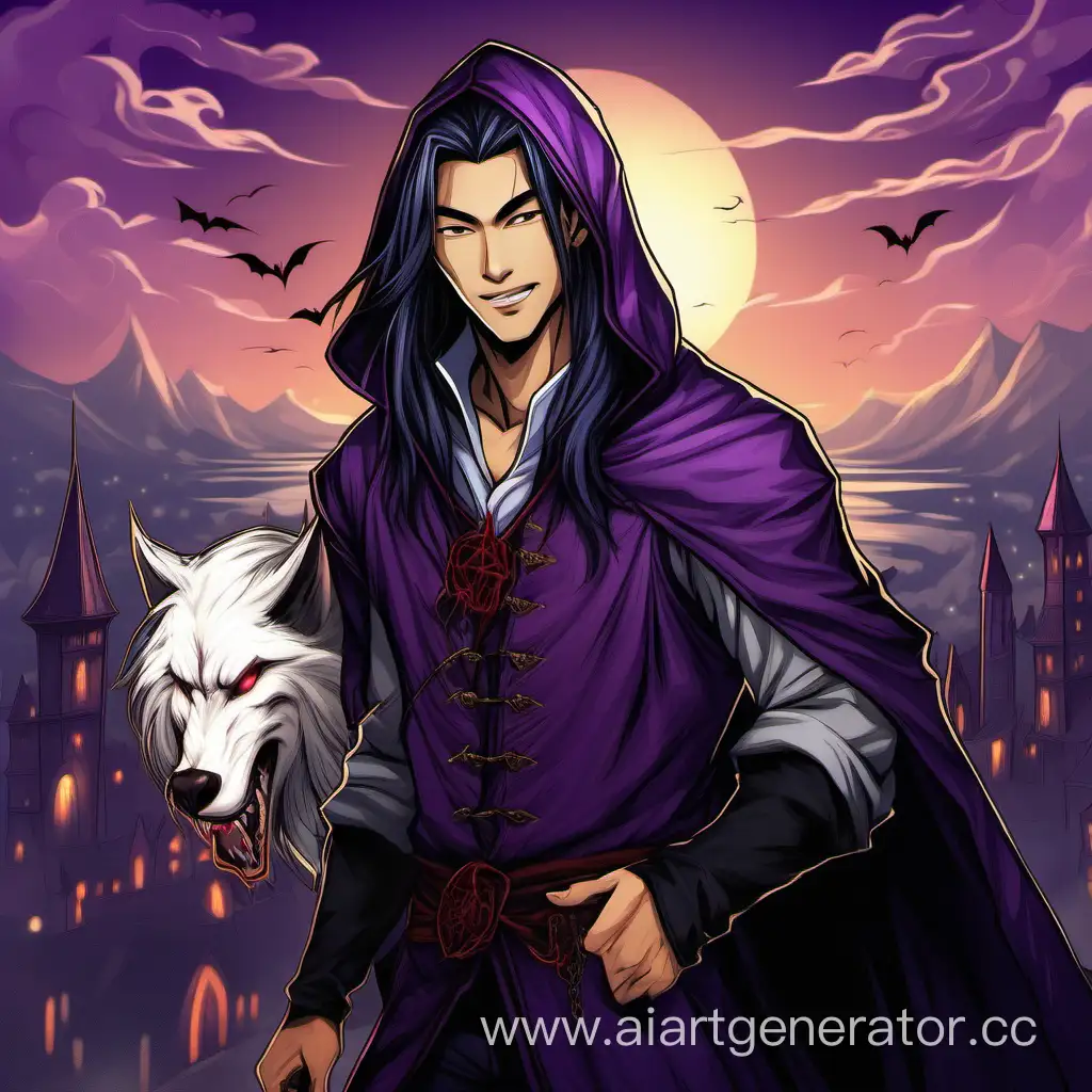 A young man, a swarthy Asian guy with purple long hair, a vampire, with a hood, in the style of medieval fantasy, with a handkerchief in his hands, with a gentle smile, against a sunset background and a high ponytail of hair