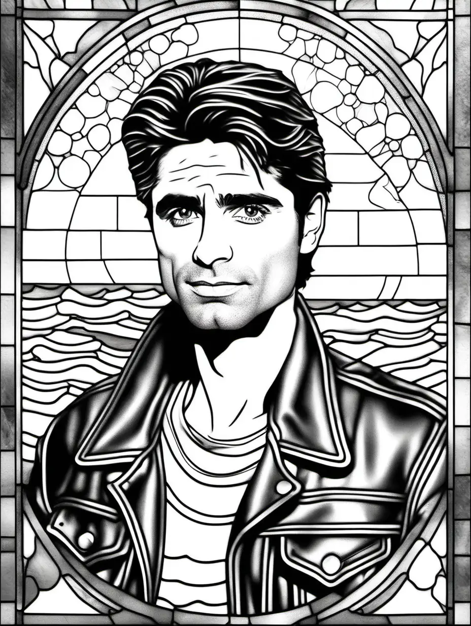 adult coloring page, clean black and white, white background, stained glass with california beach theme, young john stamos in 1980's, wearing studded leather jacket --no beard