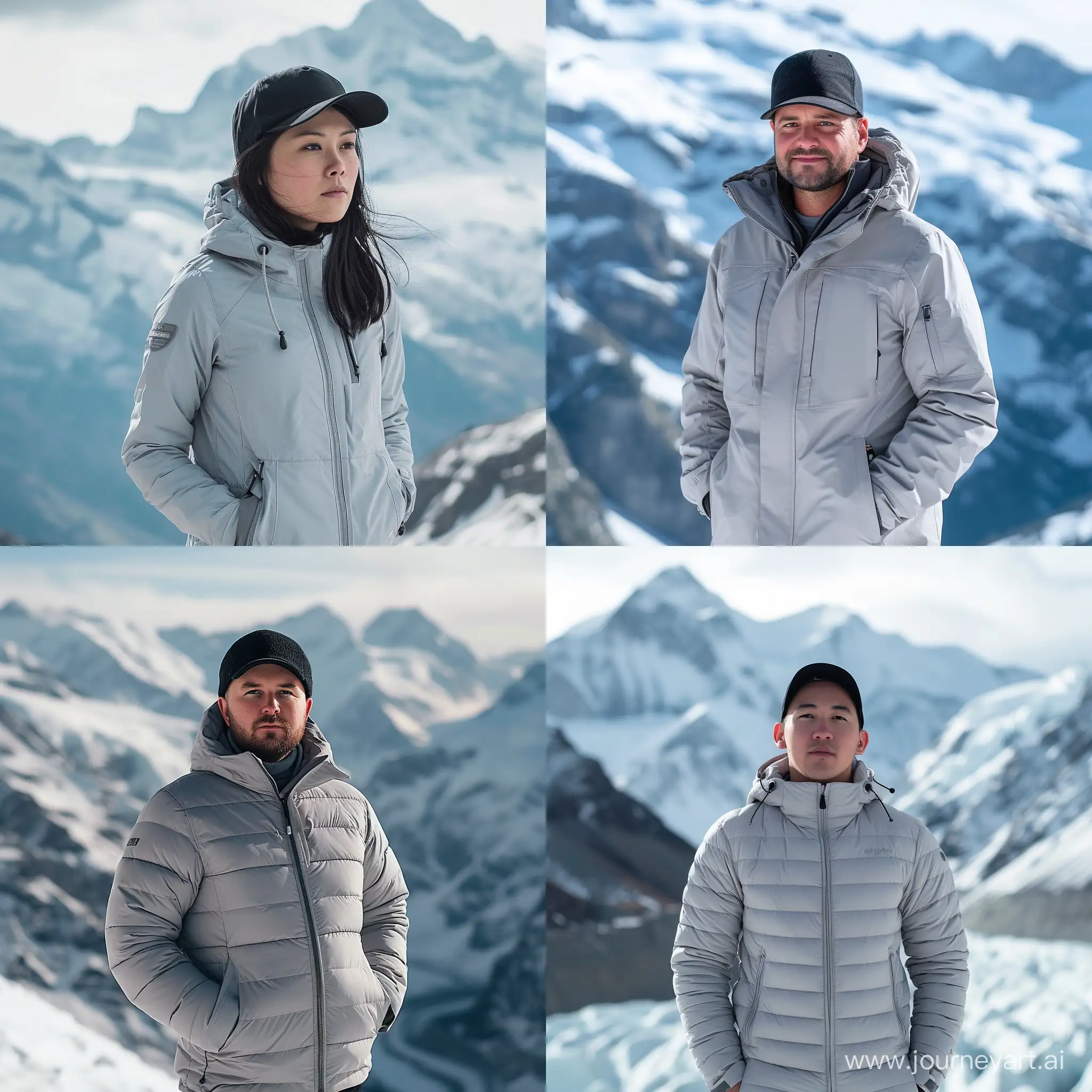 Snowy-Mountain-Fashion-Stylish-Gray-Jacket-and-Black-Cap-Portrait