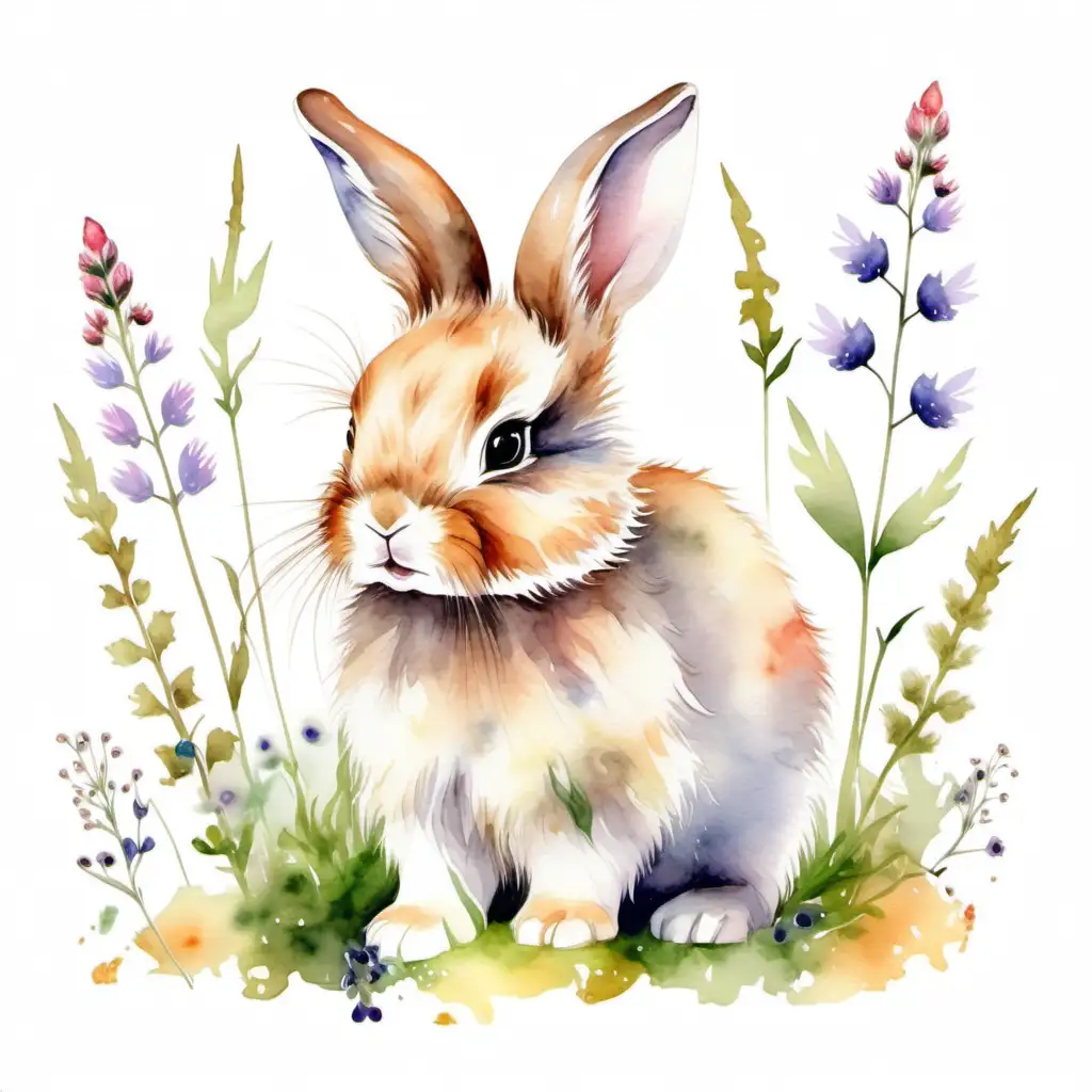 Adorable Fluffy Baby Bunny Surrounded by Wildflowers in a Watercolor Painting on a White Background