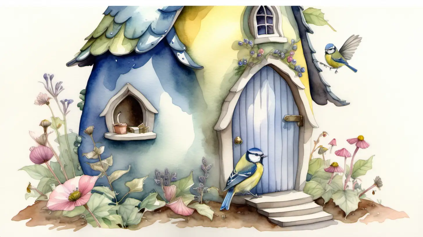 A watercolour painting of an enormous fairy house. A bluetit is tapping at the door









