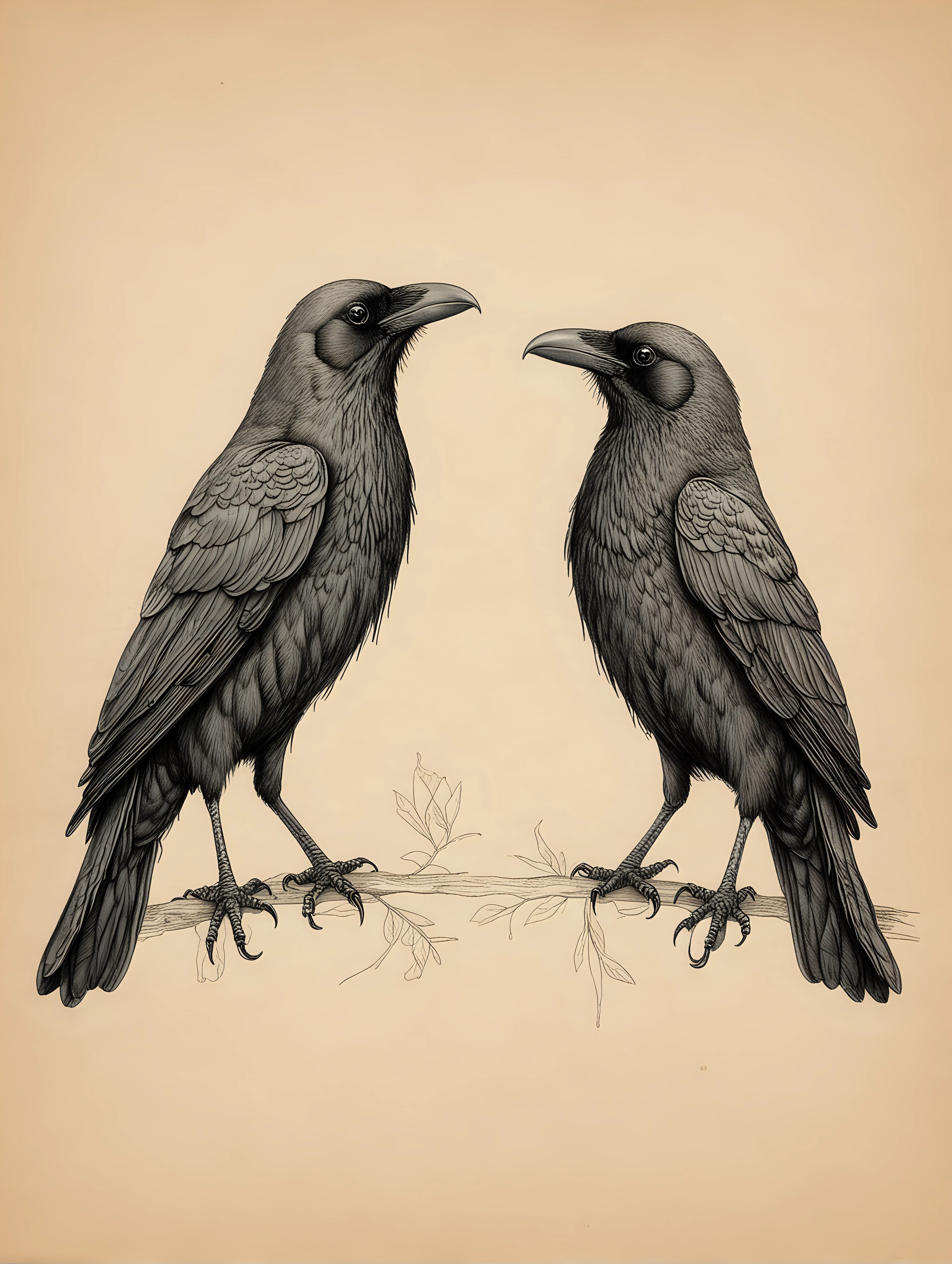 Friendly Black Crows Whimsical Line Drawing of Sociable Avian Companions