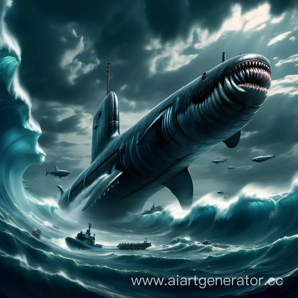 Enormous-Submarine-Surrounded-by-Majestic-Megalodons-in-Vast-Ocean-Waves