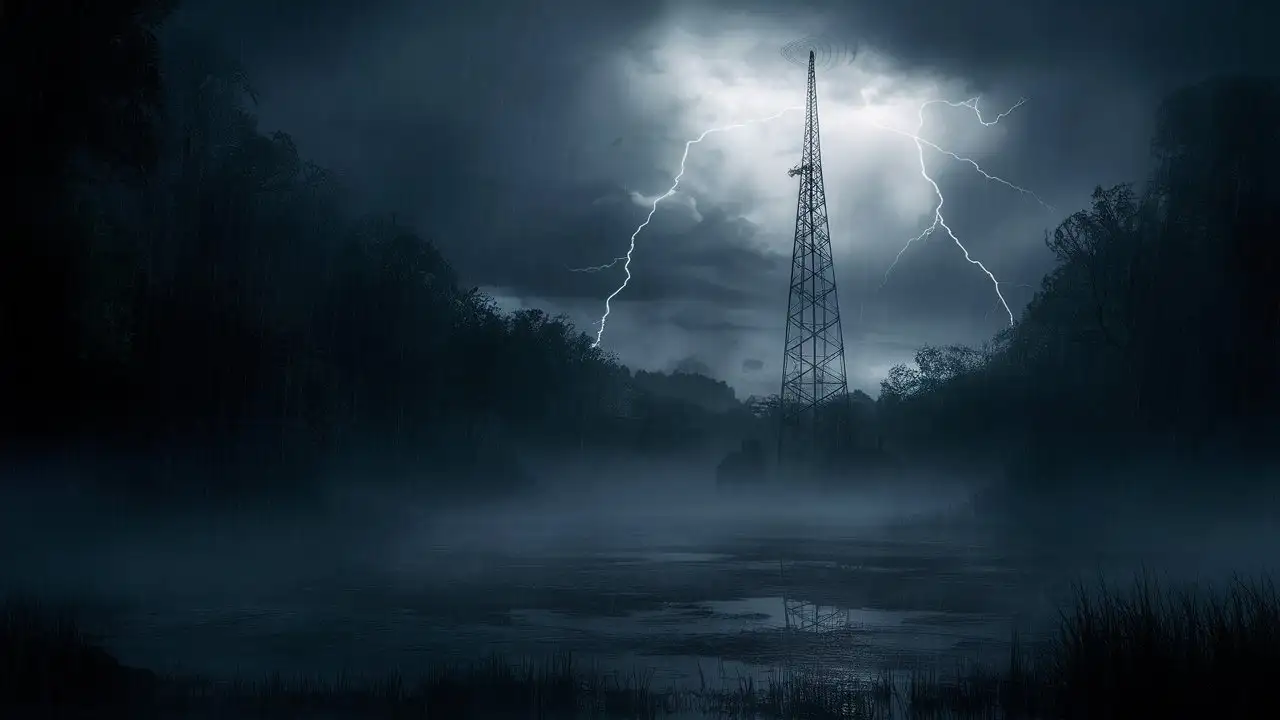 mroczne bagna w bardzo starym lesie, wysoka antena radiowa, wysoka antena radiowa, burza z błyskawicami, mgła, atmosfera horroru
