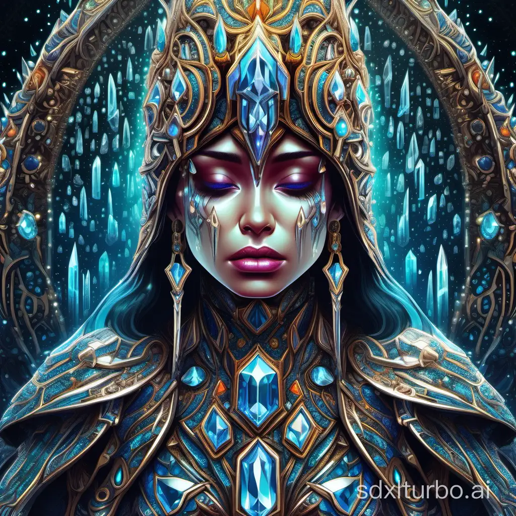 Woman crying crystal tears with crystalline armor, vibrant colors, intricate details expressed in a beautiful, simplified design, intricate details, highly detailed, vibrant, lively, vivid, stunning masterpiece, dark fantasy, 32k resolution
