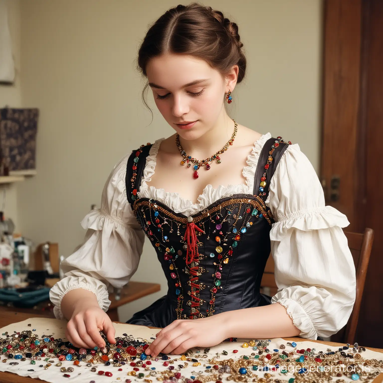 sixteen year old wearing dress.at a desk ina work shop  sewing clunky colourful jewels and rubies into the a corset. 19th century europe.