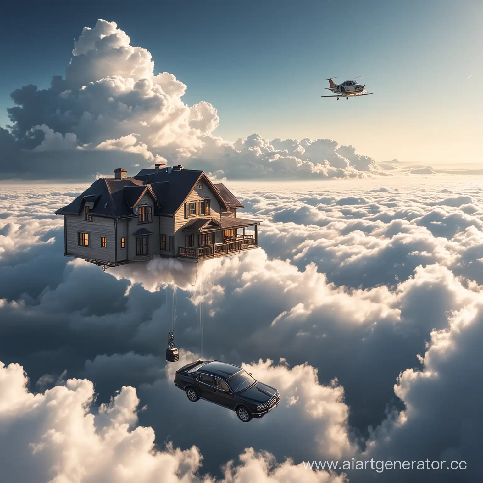 Flying-House-and-Car-Soaring-Above-Clouds