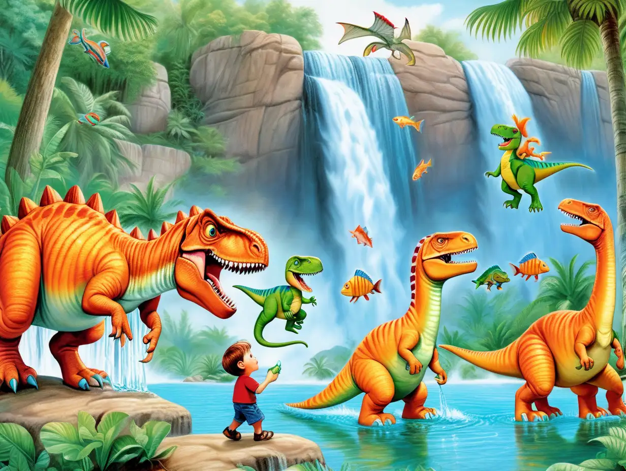 estos dinosaurios con su amigo  chicos van a una bella casacada de agua con peces