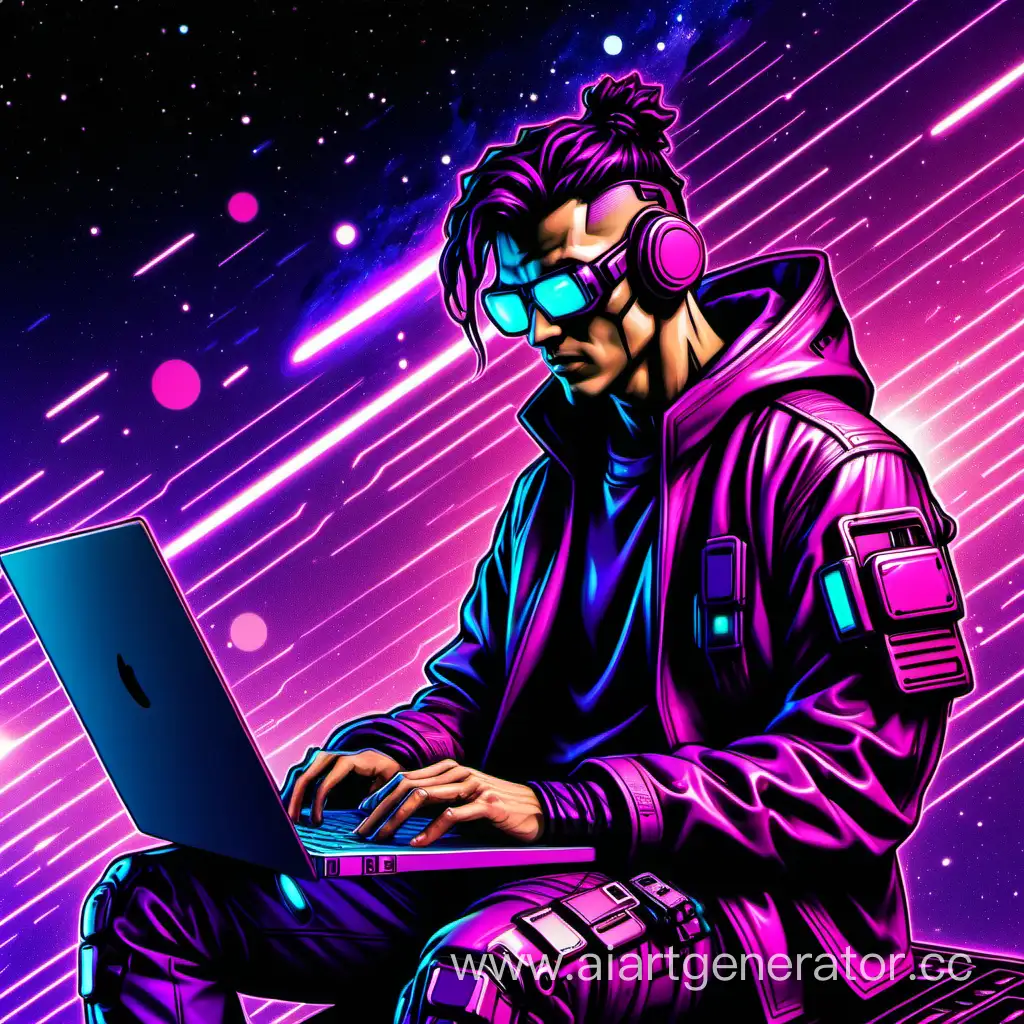 Мужчина за ноутбуком в стиле кибер панк онлайн обучение фиолетовые розовые цвета космос