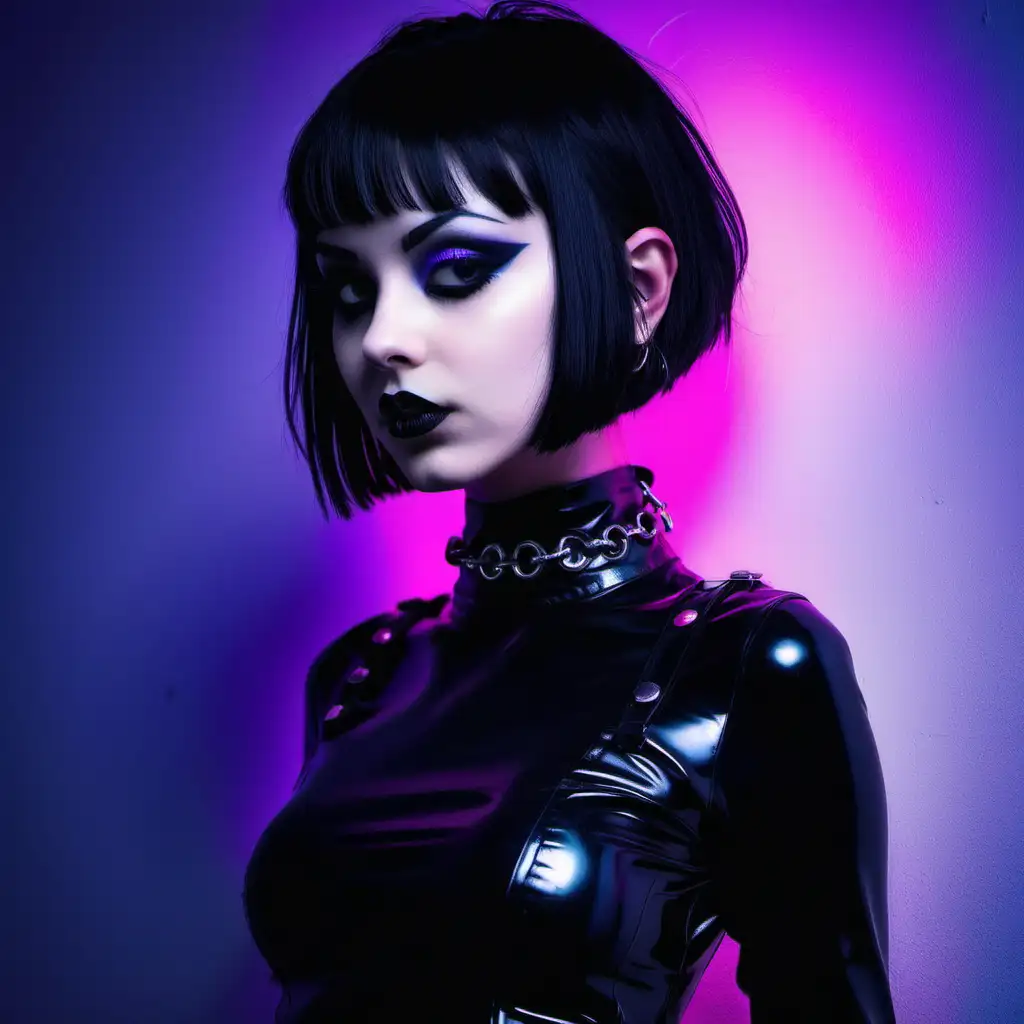 Goth Girl with Short Hair in Latex Under Neon Night Lights Artistic Portrait