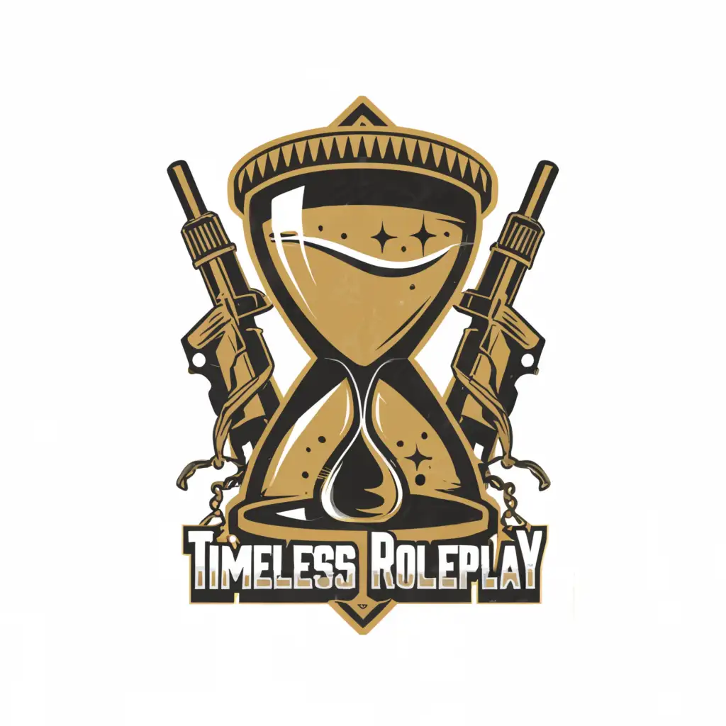 a logo design, with the text 'Timeless roleplay', main symbol: Hourglass with Pistol, Moderate, clear background, 