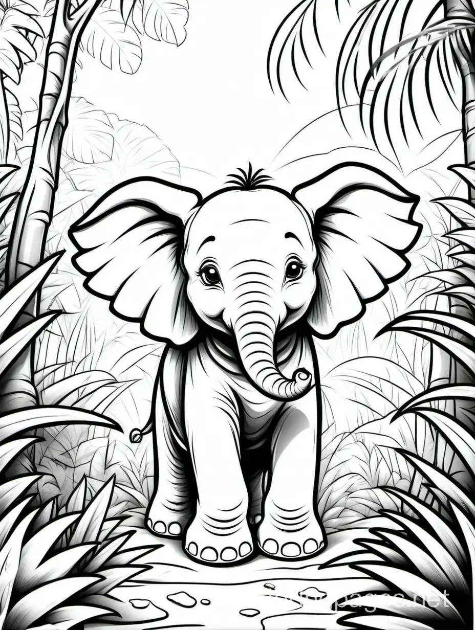 Baby elephant  in a jungle , Coloring Page, black and white, line art, white background, Simplicity, Ample White Space. The background of the coloring page is plain white to make it easy for young children to color within the lines. The outlines of all the subjects are easy to distinguish, making it simple for kids to color without too much difficulty