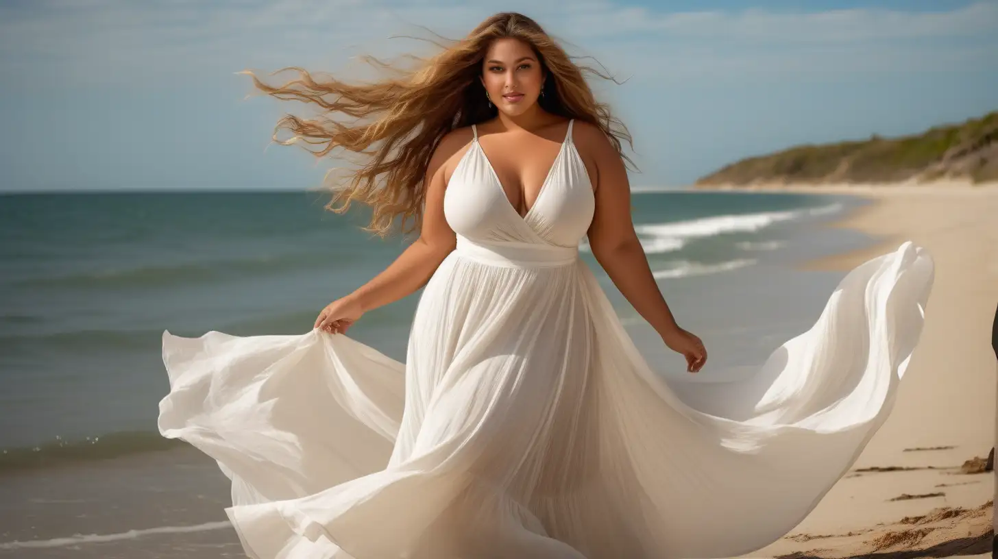 sexy, beautiful, romantic and stylish plus size model, vogue style photoshoot, photoshoot on the beach overlooking a blue ocean, dark blond long hair, Latina facial features, caramel skin, slight sensual smile on the face, happy, enjoying herself, beautiful flowing long hair in the wind wearing a luxury  white long dress with high waist, 2" fitted same color fabric waistband, A-line flared skirt, no slits on skirt, v-neck bodice, model is romantic, skirt is flowing, beach fashion photography 