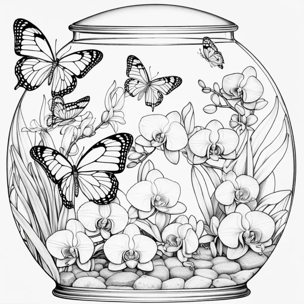 Coloring Book Butterflies with Orchids in Black and White Terrarium