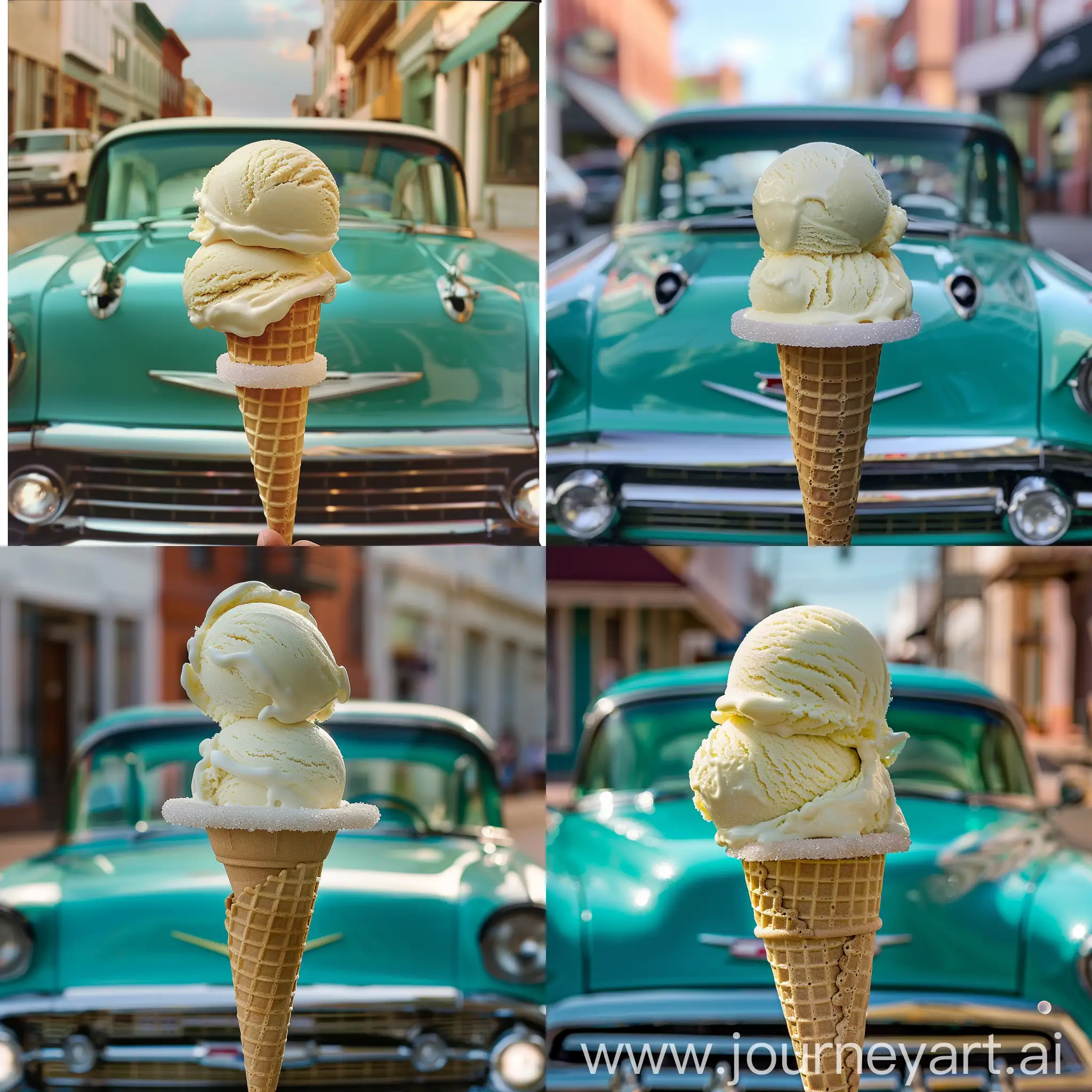 The image features a vividly colored scoop of vanilla ice cream held aloft in a sugar cone, perfectly centered against the background of a classic car. The vehicle, reminiscent of designs from the 1950s or 1960s, boasts a glossy turquoise finish with chrome accents around the headlights, grille, and bumper, which gleam under soft lighting. The ice cream, with its creamy texture and peaks, appears freshly scooped, indicative of a leisurely or indulgent moment. Its position in the foreground, along with the brightly contrasting turquoise backdrop of the car, draws the viewer's eye to the juxtaposition of the treat against the vintage automotive design. Both subjects are situated in what appears to be a tranquil outdoor setting, suggested by the natural lighting and the glimpse of building facades and pavement in the background. This nostalgic scene evokes a sense of timeless enjoyment, combining classic Americana with a simple pleasure that transcends eras.