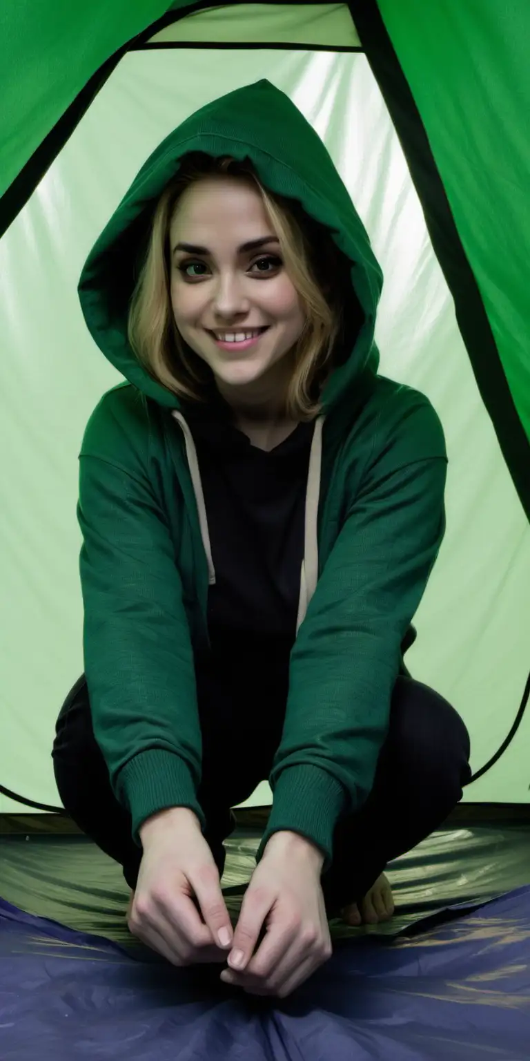 Twilight Camping Smiling Woman in Green Hooded Sweater