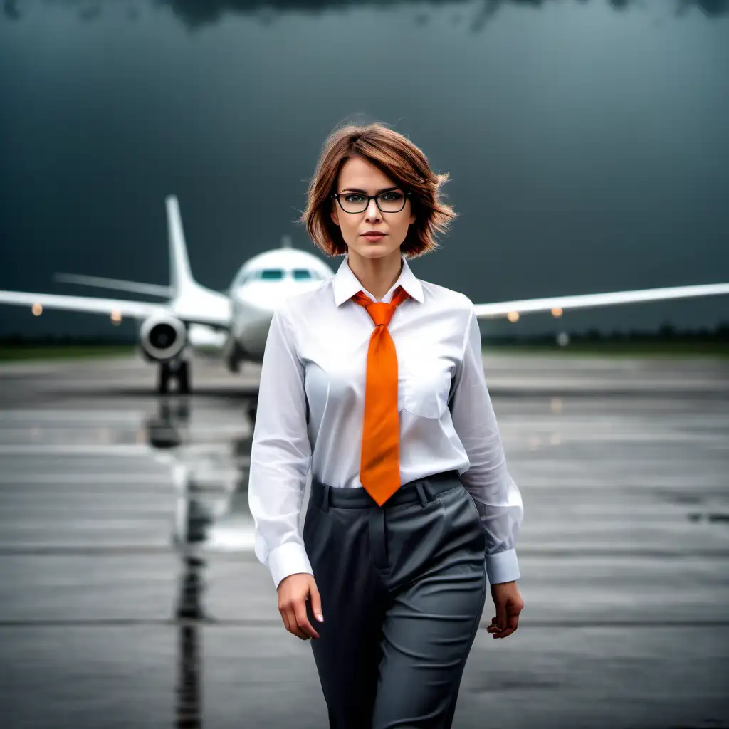 Beauty  woman with short light brown hair,  wearing clear glasses, dressed in dark gray pants, white shirt and orange tie, walking in a hangar with background. A sky with dark rain clouds.