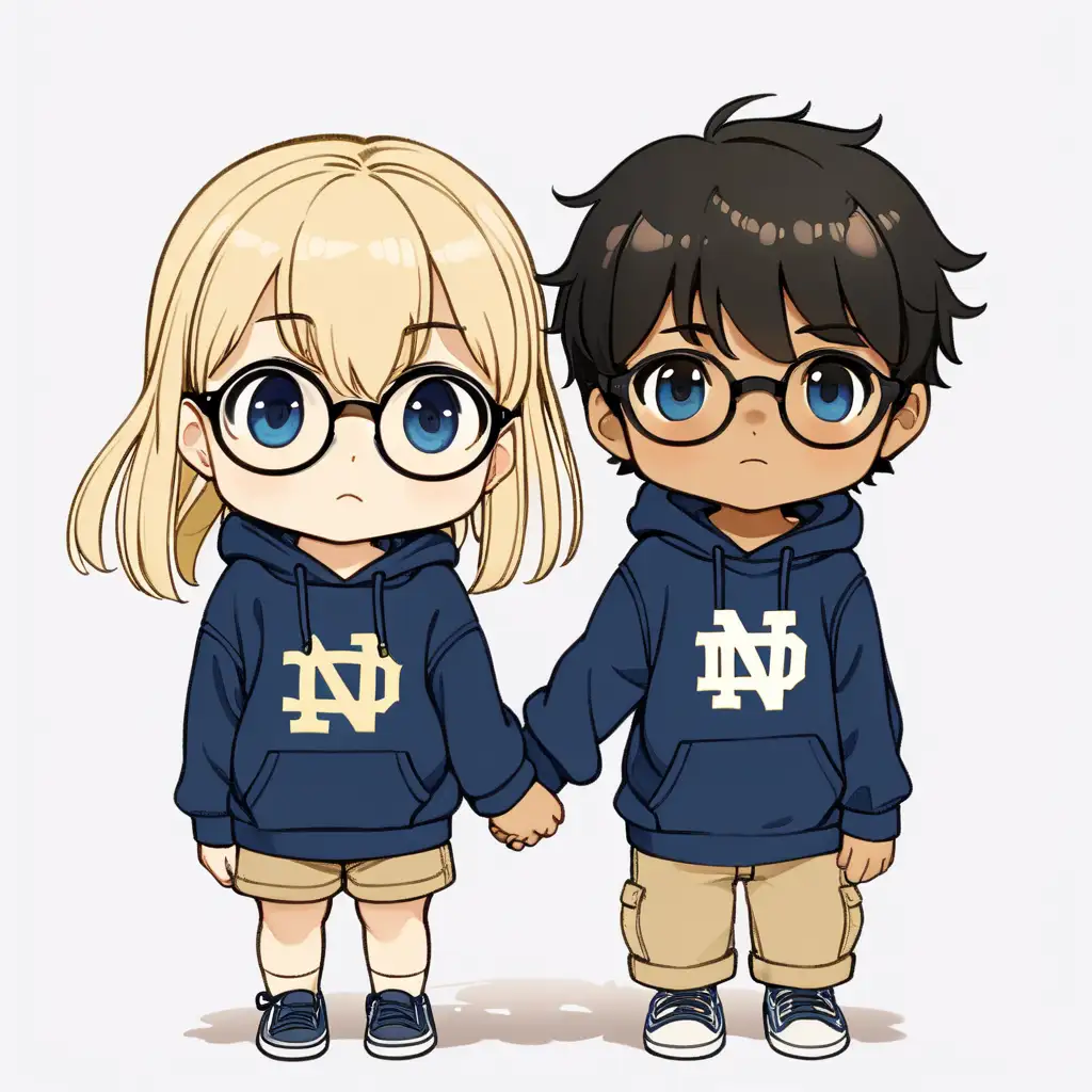 Cute, short, chubby cheeks, child,  Chibi couple, long blonde hair, blue eye with black glasses girl holding hands with short black hair, brown eyes, no glasses,boy, Boundless Daybreak, bright, both wearing navy Notre Dame sweatshirt, white background, few details, dreamy, Studio Ghibli