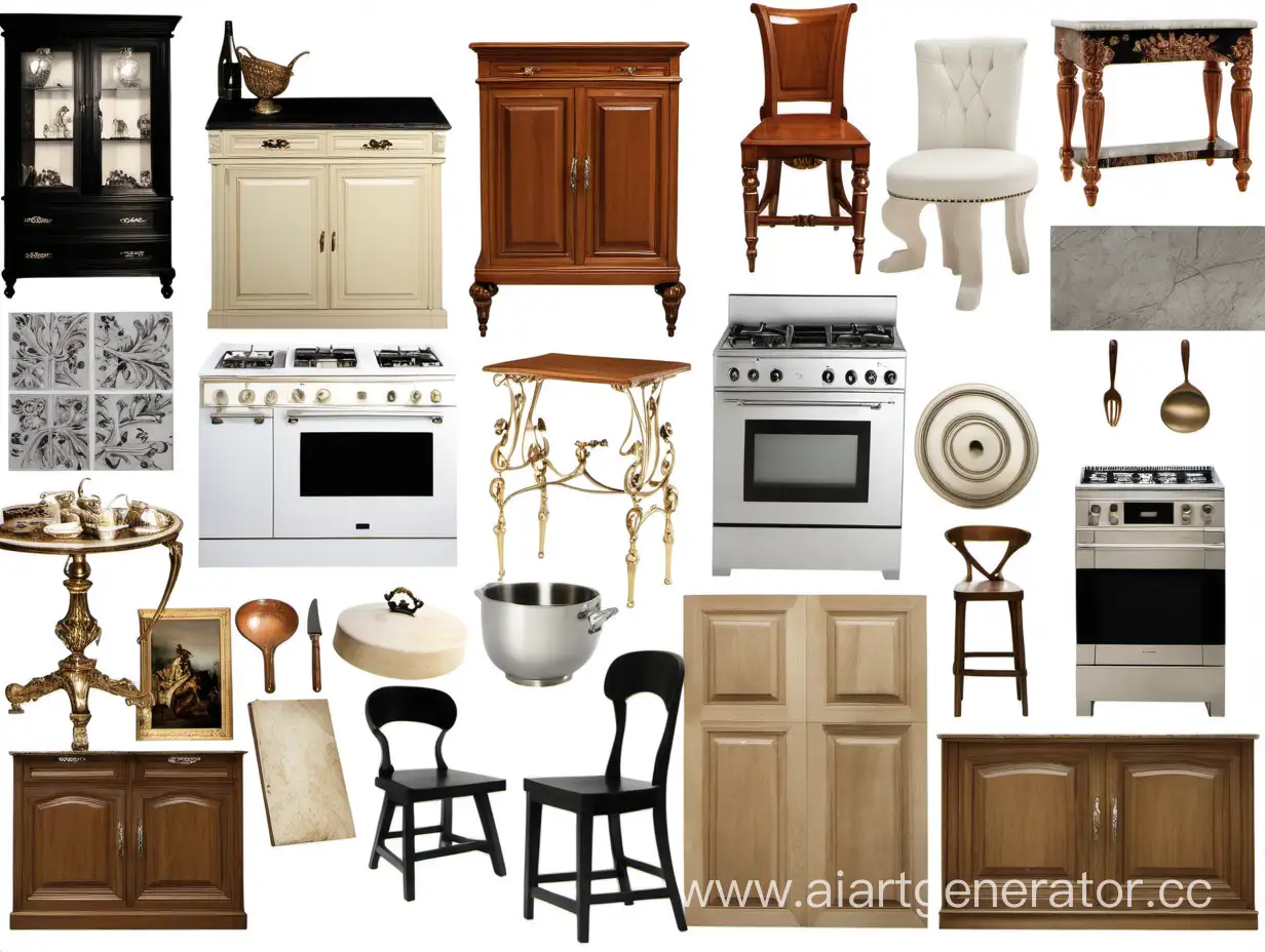 collage moodboard from elements of furniture and decor classicism kitchen