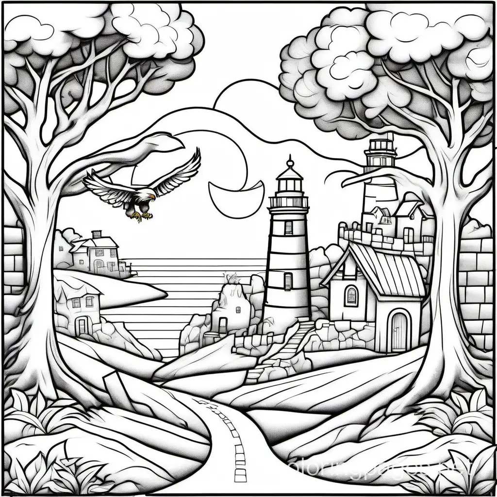 Medieval-Realm-Coloring-Page-with-Road-Tree-Lighthouse-and-Eagle