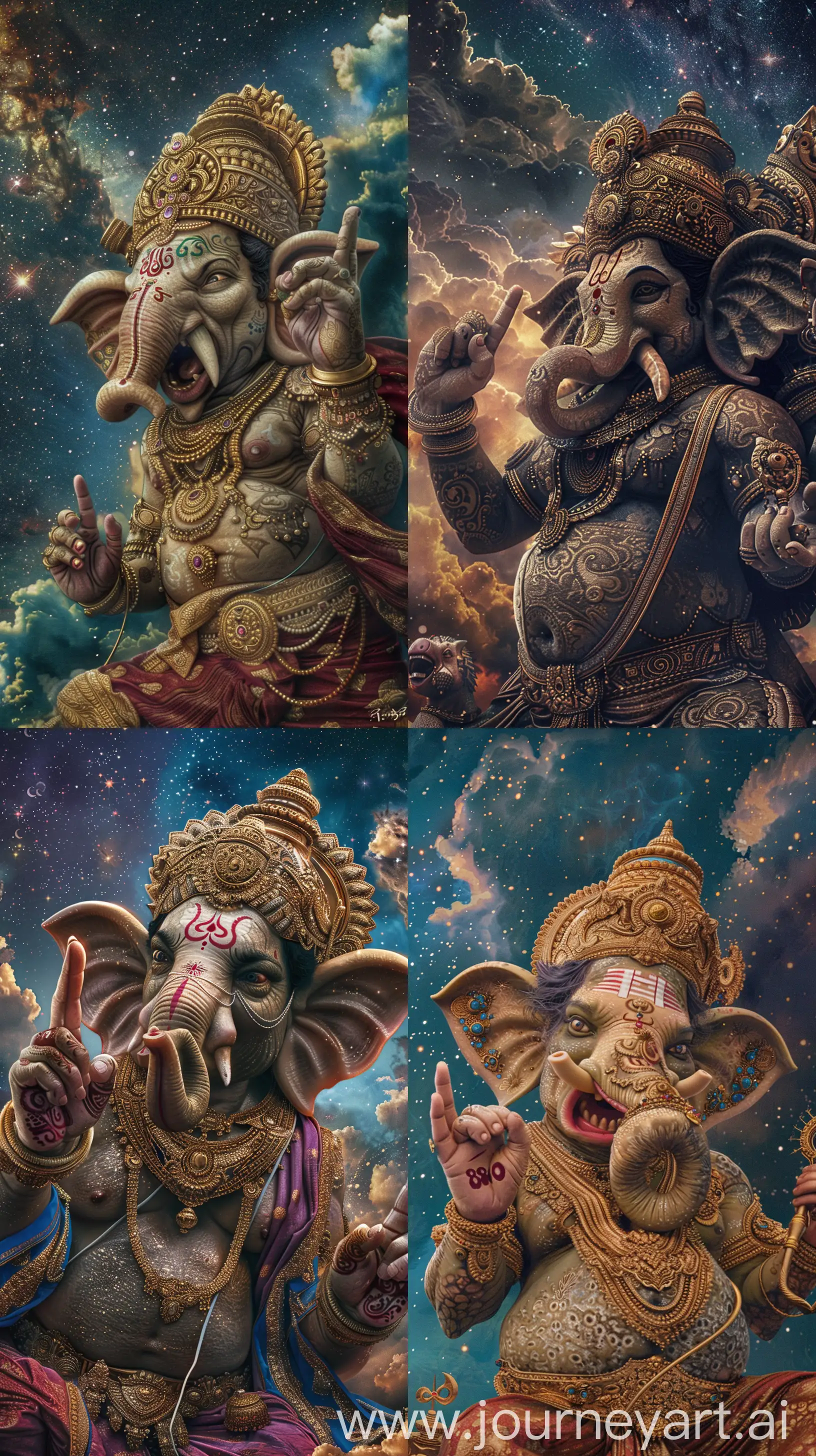 Ganesh from Hinduism looking angry, yelling at meone with his finger pointed out, celestial sky background, intricate details, 8k quality image in Raj Ravi Varma art style --ar 9:16 --v 6