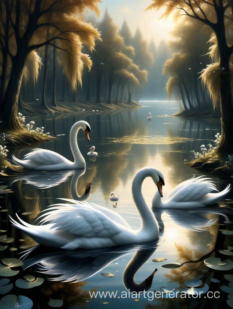 Graceful-Swans-Gliding-on-a-Serene-Lake-Symbolizing-Purity-and-Harmony