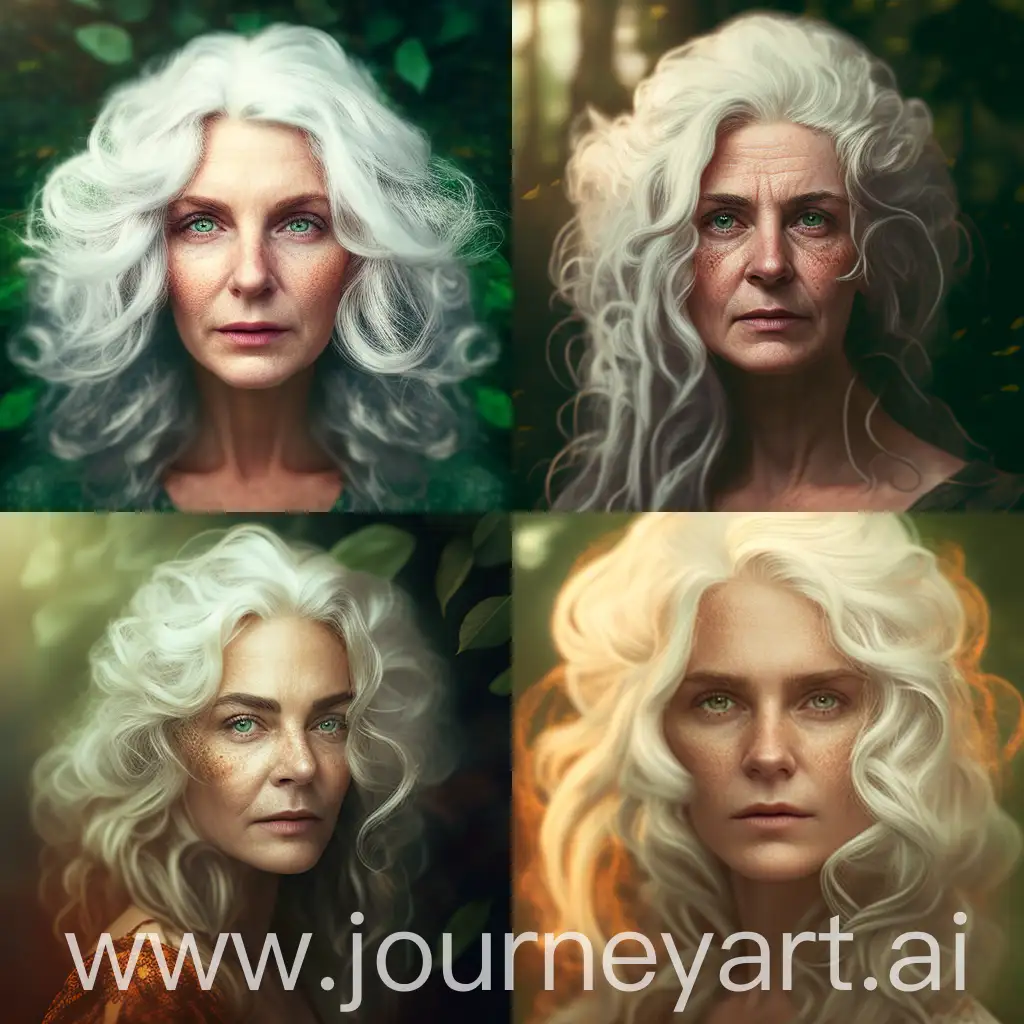 photo of a woman, fiery white hair, white eyes, 280 mm f/5.5 lens, optics of earthy green and brown colors, realism with soft focus, complex details, daylight in the forest. Realistic, best quality, ultra-high color rendering, Curly hair