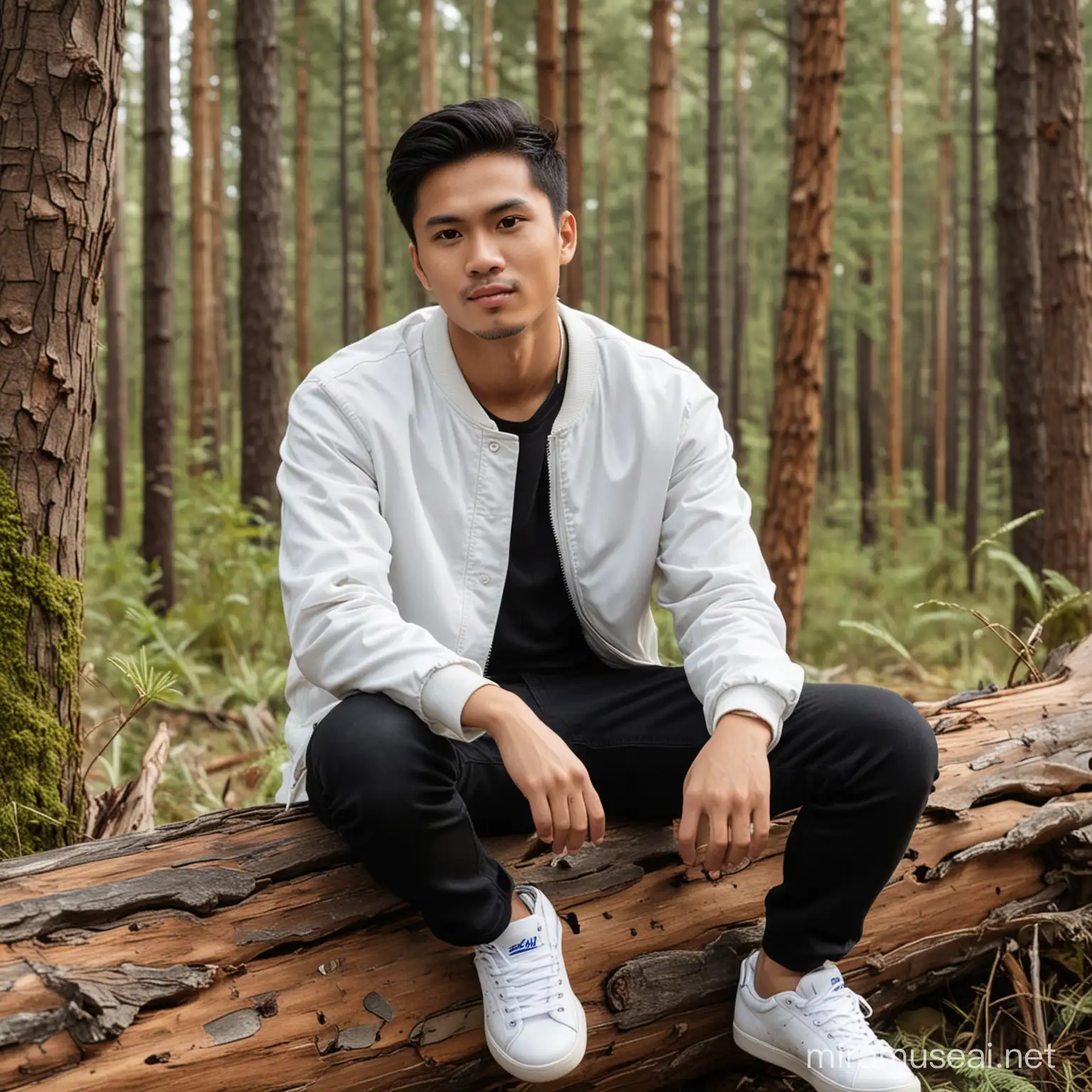 Indonesian Man Sitting on Fallen Tree in Pine Forest