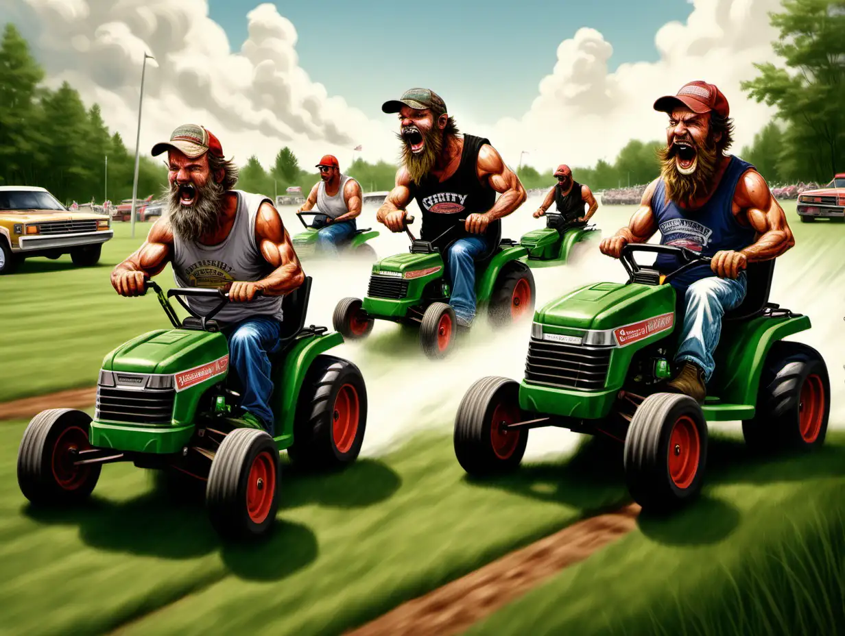 a print of scruffy redneck guys racing lawnmowers and drinking beers