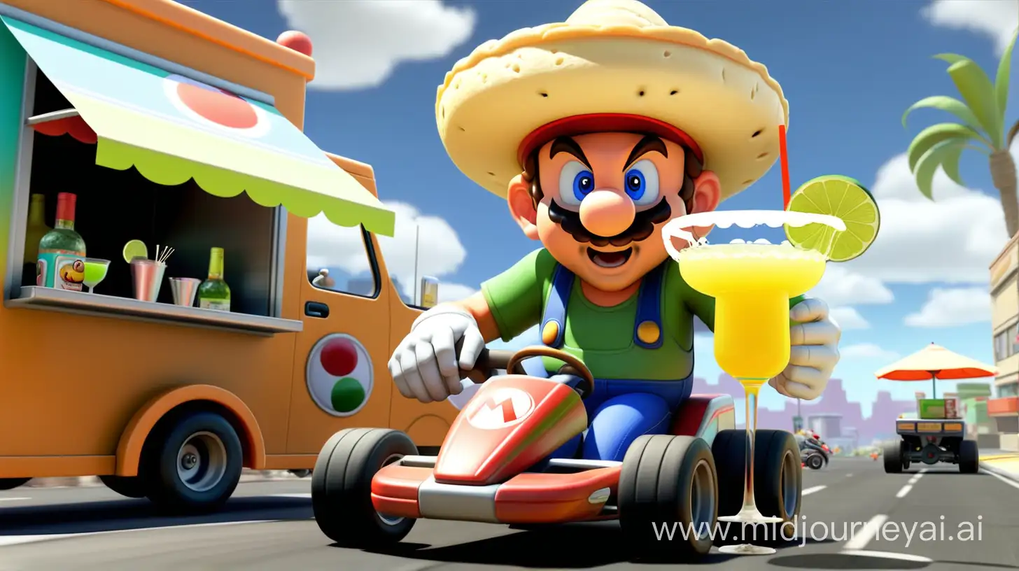 A view from Mario Kart where Mario is holding a margarita while passing a taco truck