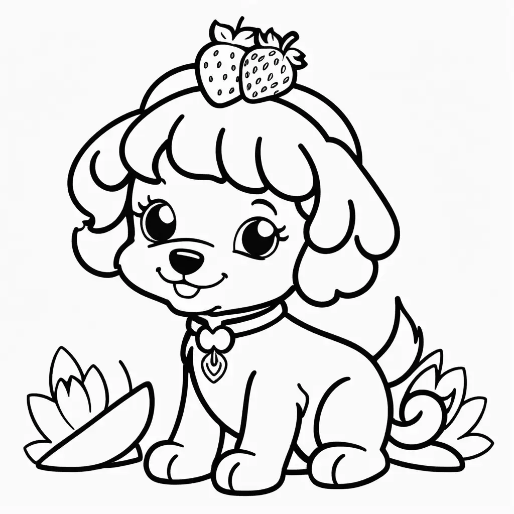 strawberry shortcake dog coloring book page, simple 
and clean line art, children drawing book. Black 
and white, crisp black lines, sharp lines. Simple 
coloring page for kids, 
 cartoon style, very white background, no 
shades