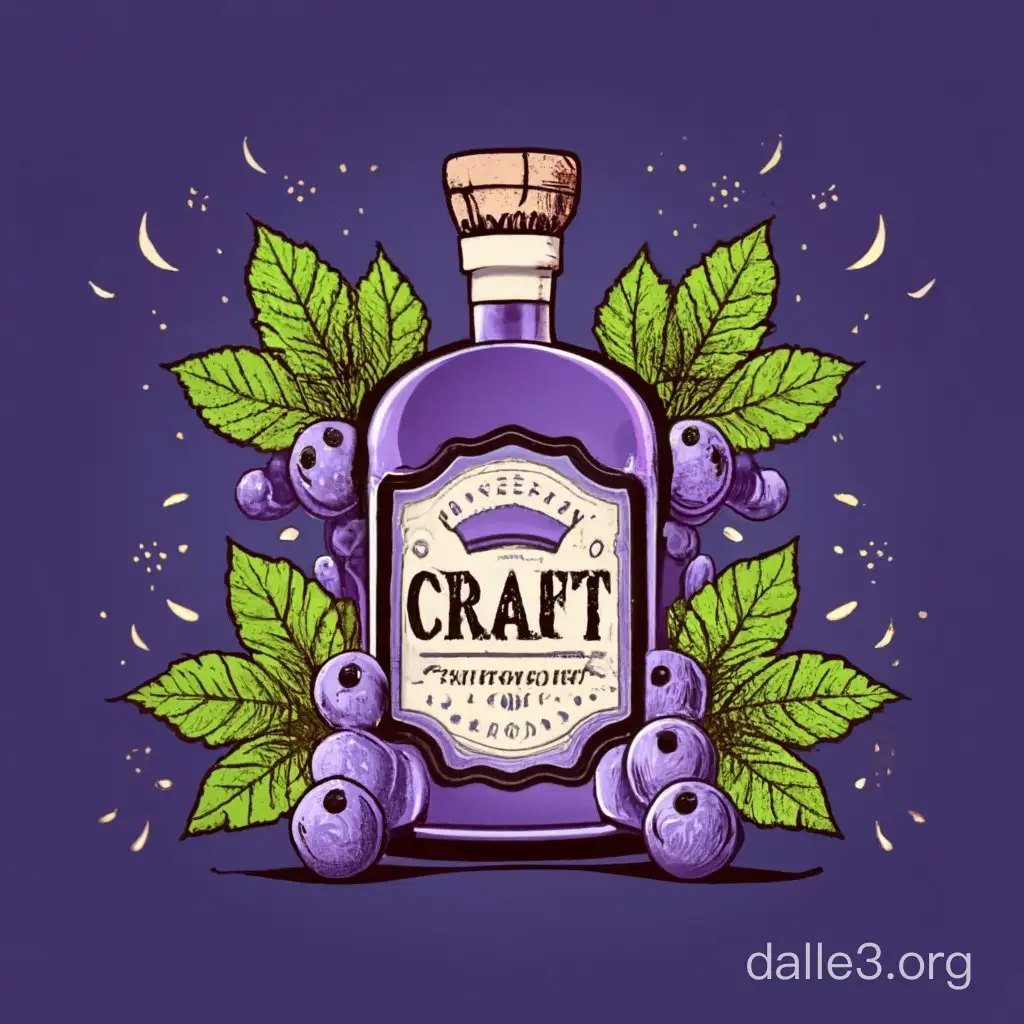 craft liquor label, violette and purple colors, black currant berries and leaves, fantasy gothic style dark shades