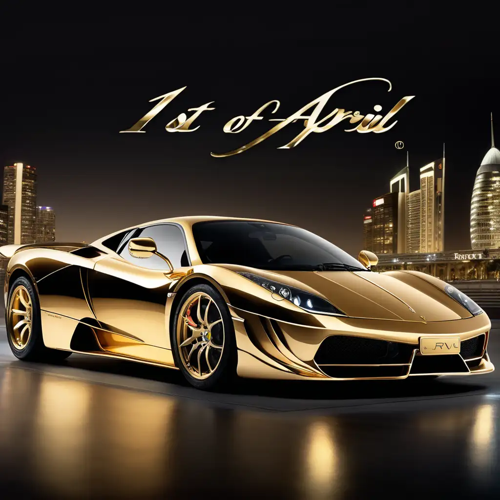 "1st of April" is written in gold and with supercars in the background, in the night.