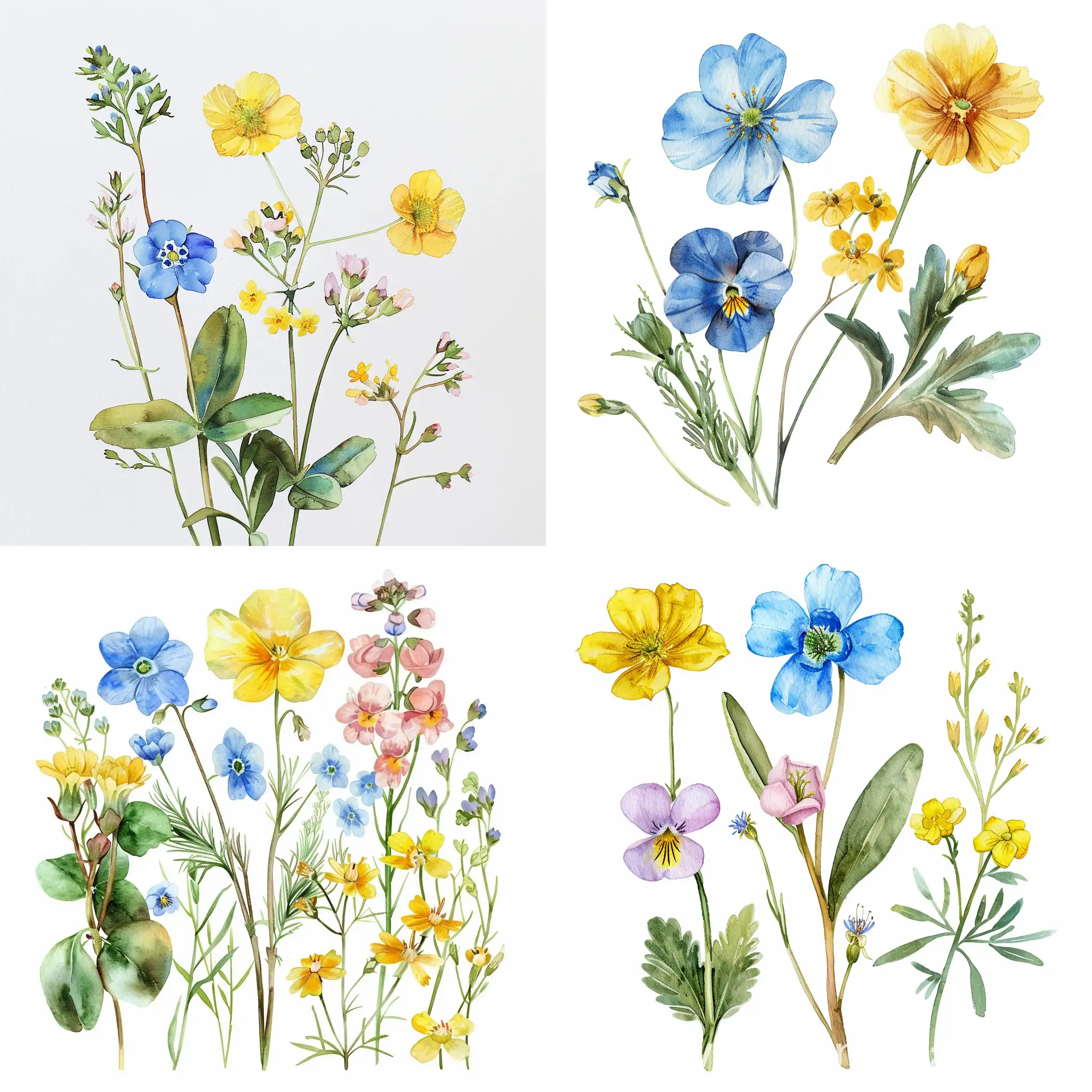 watercolor wildflower, forget me not, buttercup and saxifraga, on white background, soft handpainted, detailed, pretty