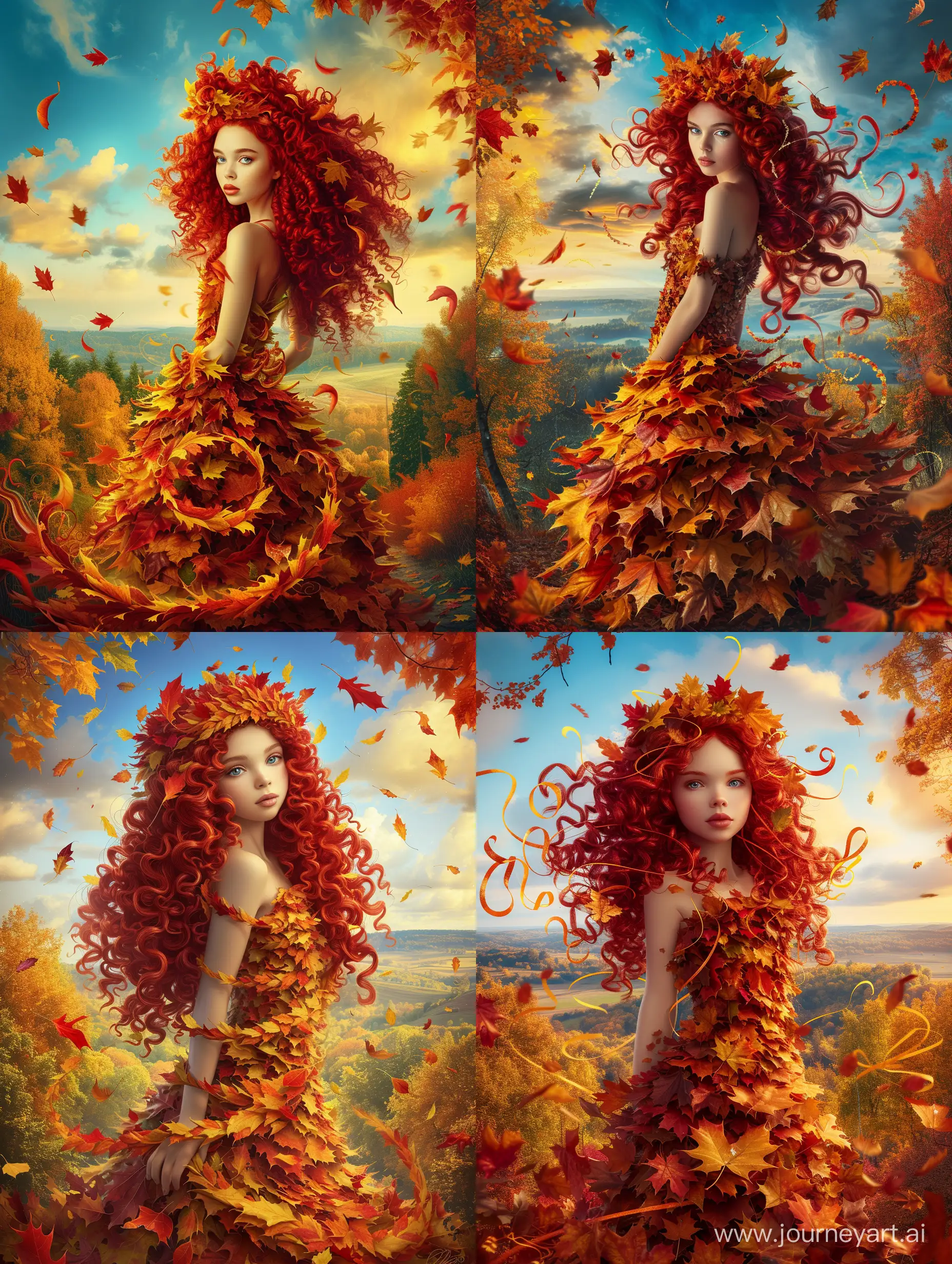 Enchanting-Autumn-Queen-with-Red-Curly-Hair-in-a-Forest-Landscape