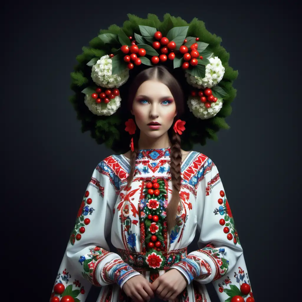 Futuristic Ukrainian Ethnic Attire with Ornate Berry and Flower Wreath