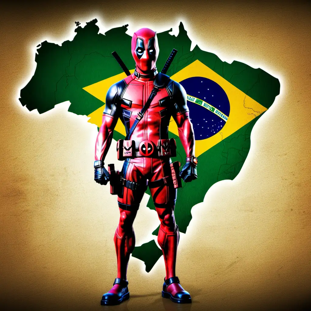 Deadpool the superhero standing in from of a map of a flag of brazil,
