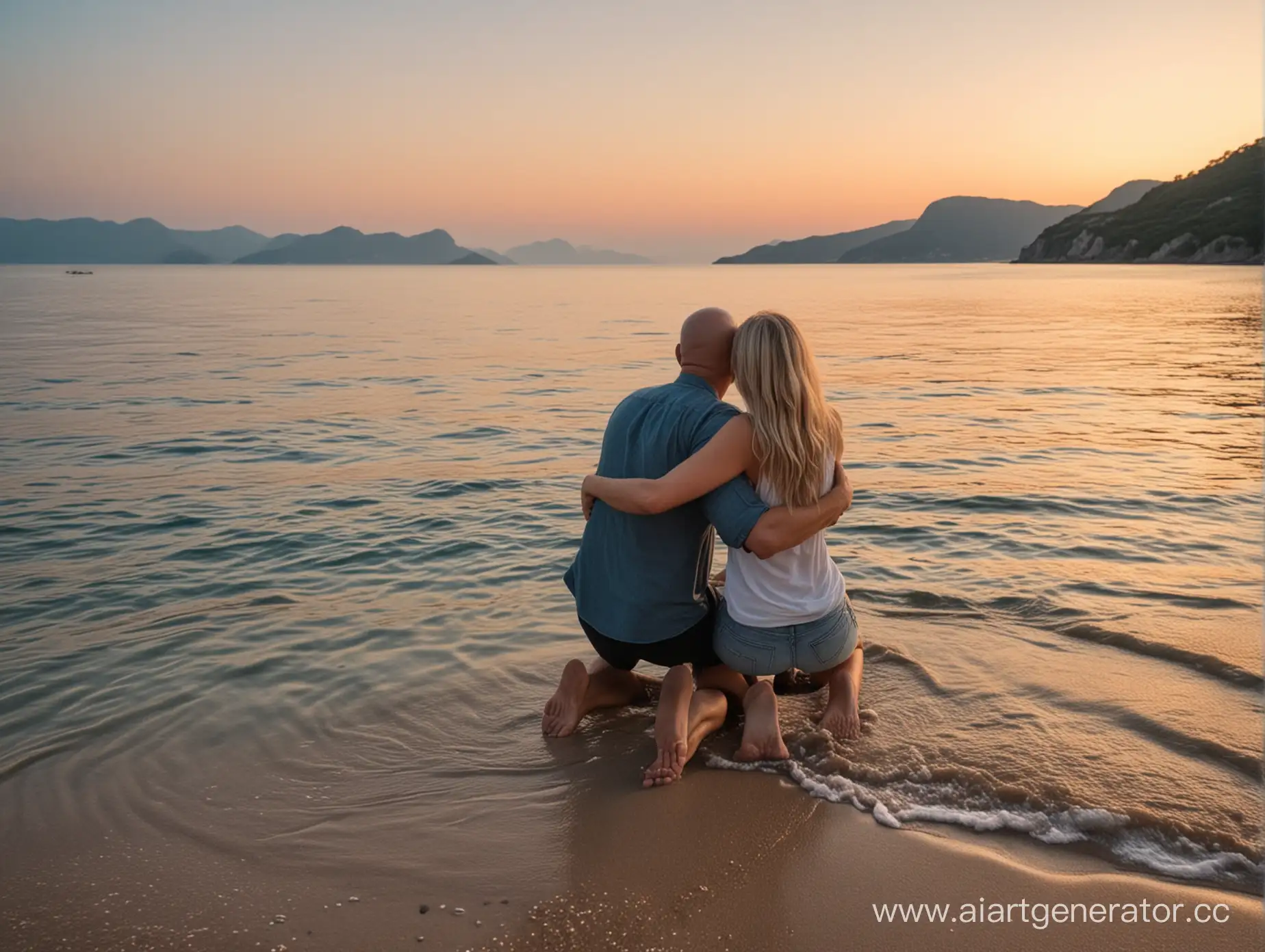 Couple-Embracing-by-Seaside-Sunset-with-Island-View
