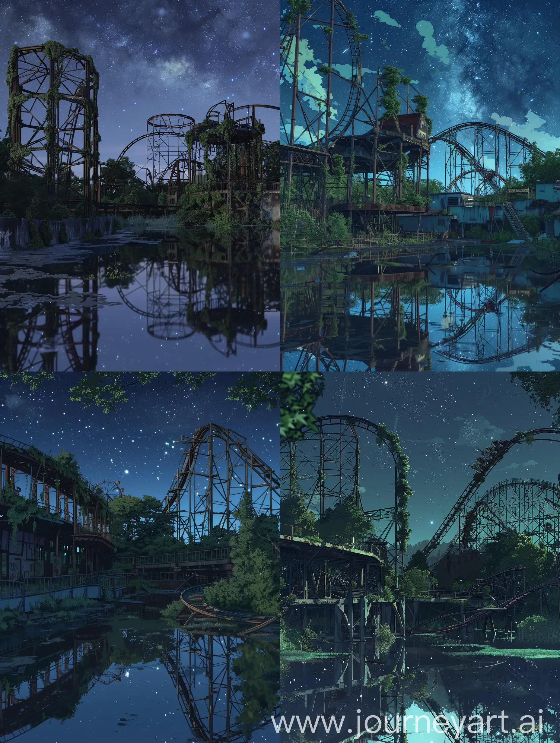 Beautiful anime style,mokoto shikai style,sharp detailing,abandoned amusement park at night. The skeletal remains of roller coasters and other rides stand stark against the backdrop of a star-filled sky, bathed in the soft luminescence of the moon. Nature has begun to reclaim this once vibrant place of joy, with overgrown greenery intertwining with the rusting metal. The stillness of the water mirrors the eerie structures, adding a reflective symmetry to the scene. It’s a poignant reminder of the transience of human endeavors against the relentless march of time and nature.