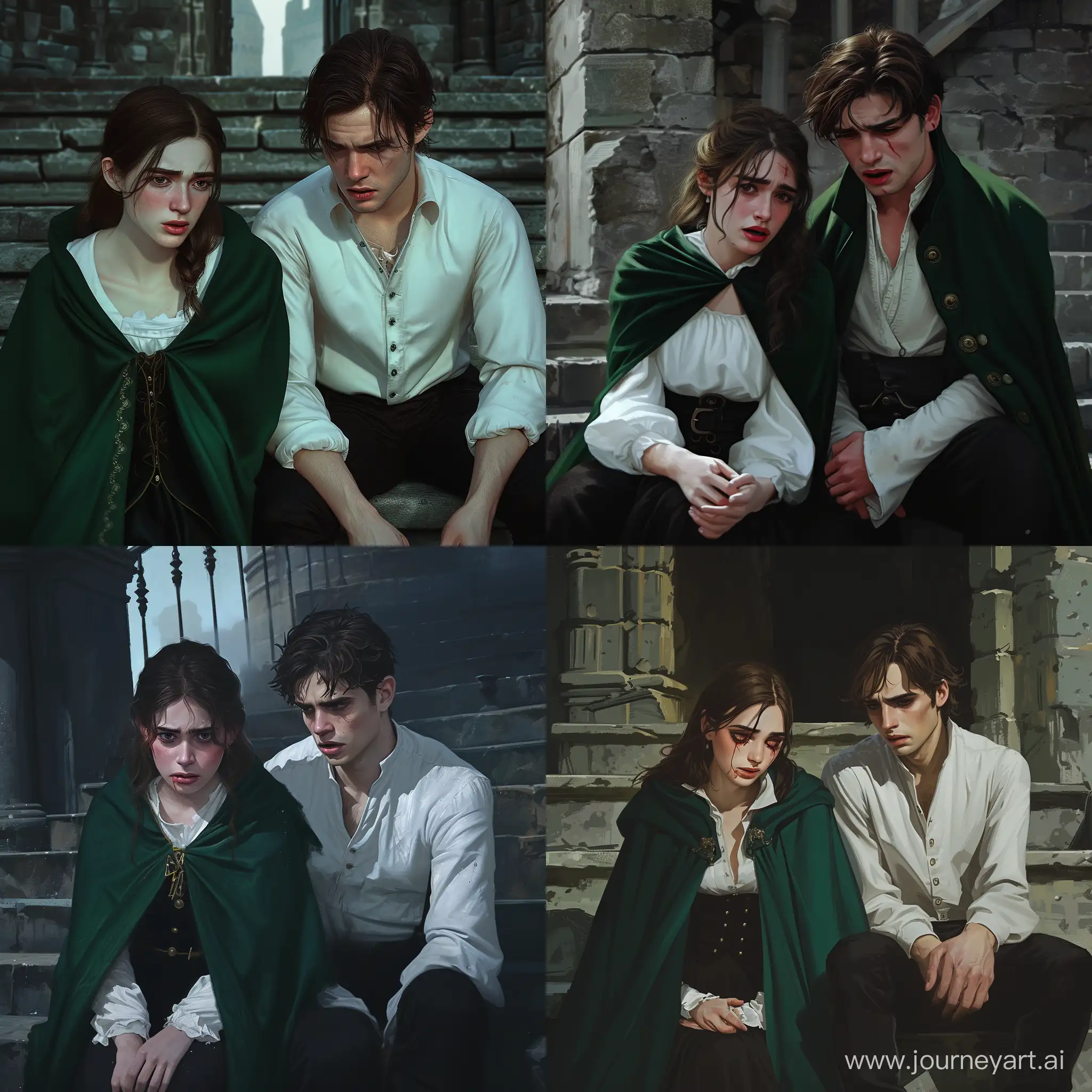 Emotional-Conversation-on-Tower-Steps-Beautiful-Girl-in-Green-Cloak-Apologizing-to-Handsome-Guy