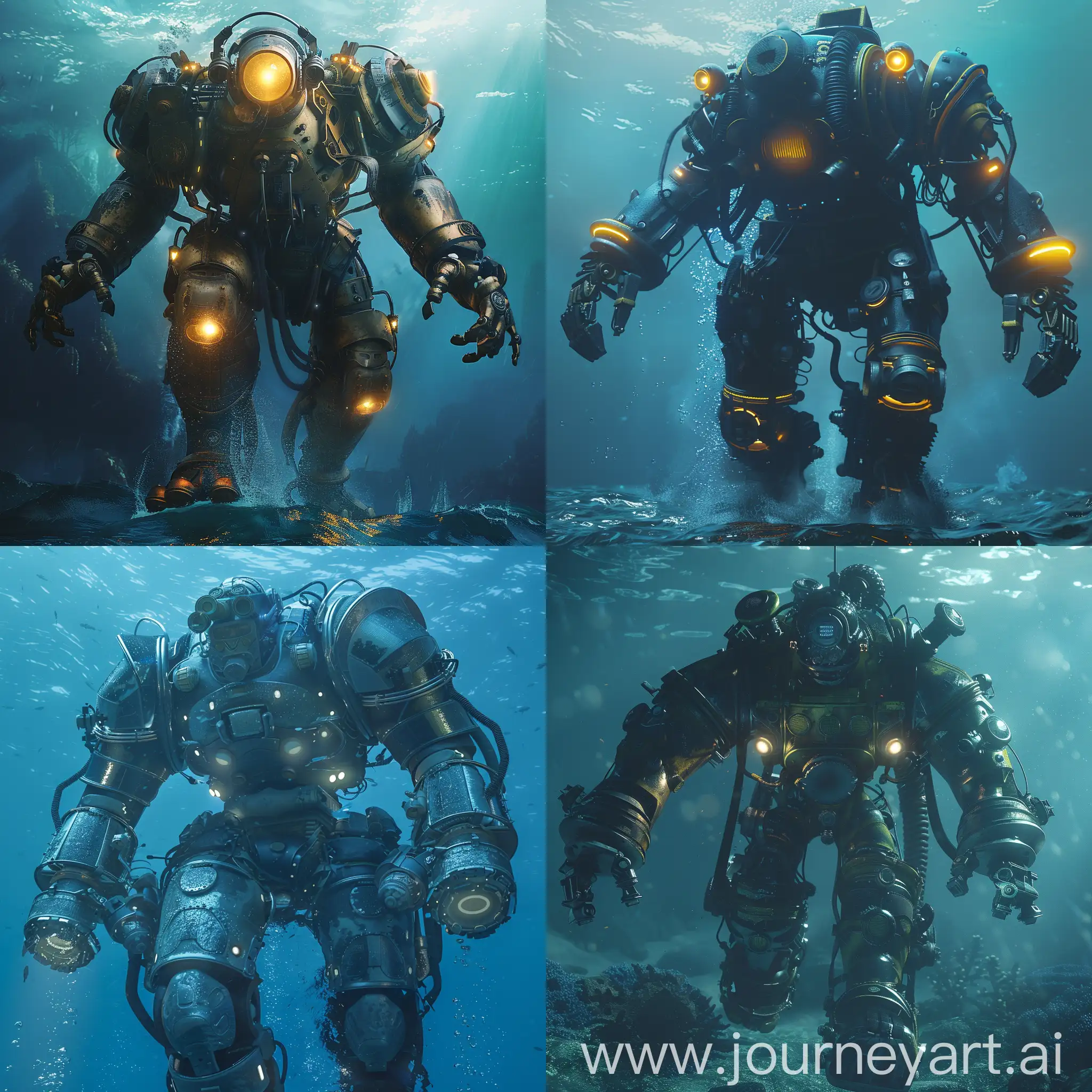 Big Exoskeleton suite in the ocean, bioshock type style,