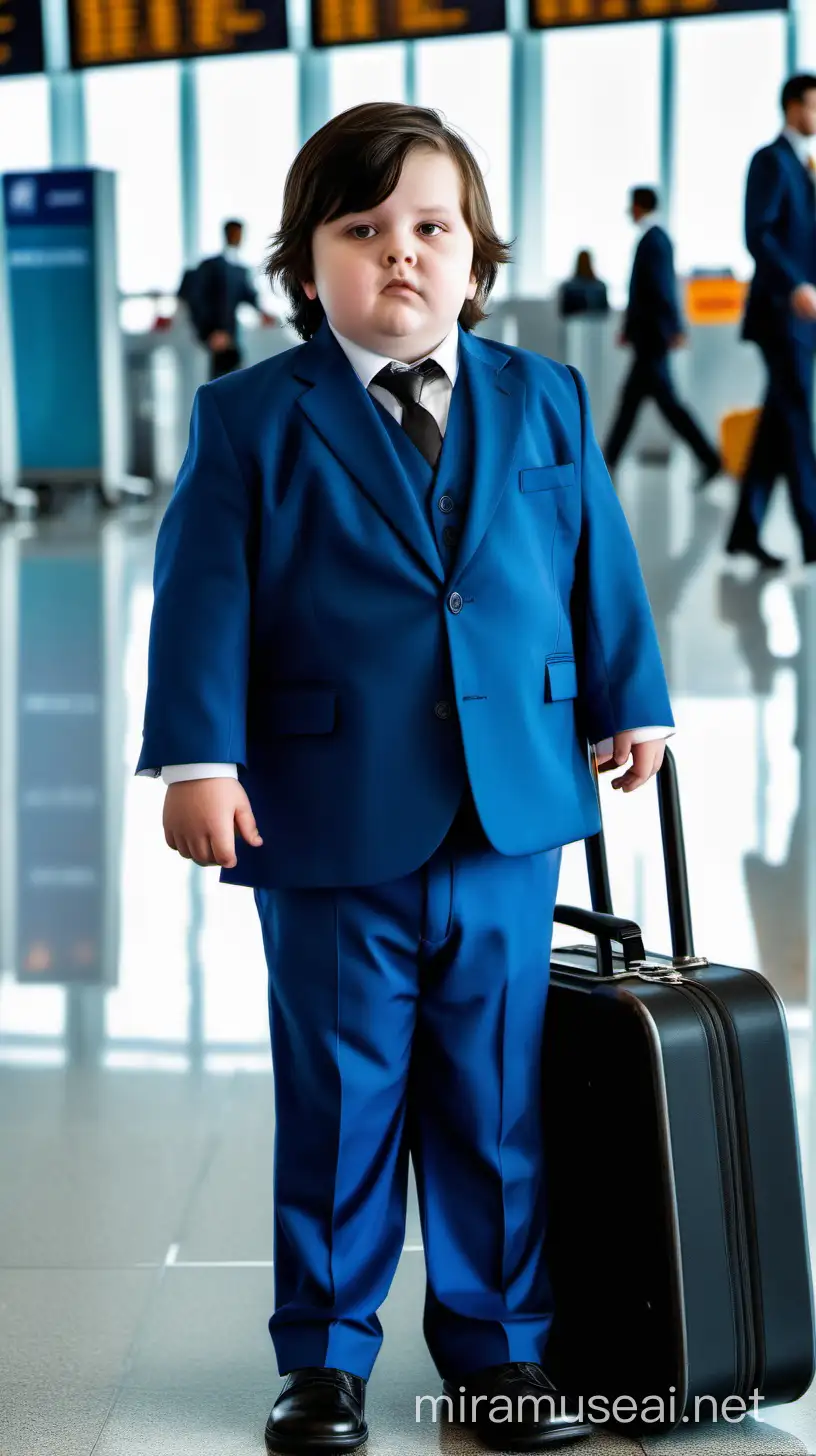 Очень толстый мальчик ребенок с зачесаными на бок темными волосами средней длины в дорогом синем костюме Стоит в аэропорту и рядом с ним стоит большой черный кейс 