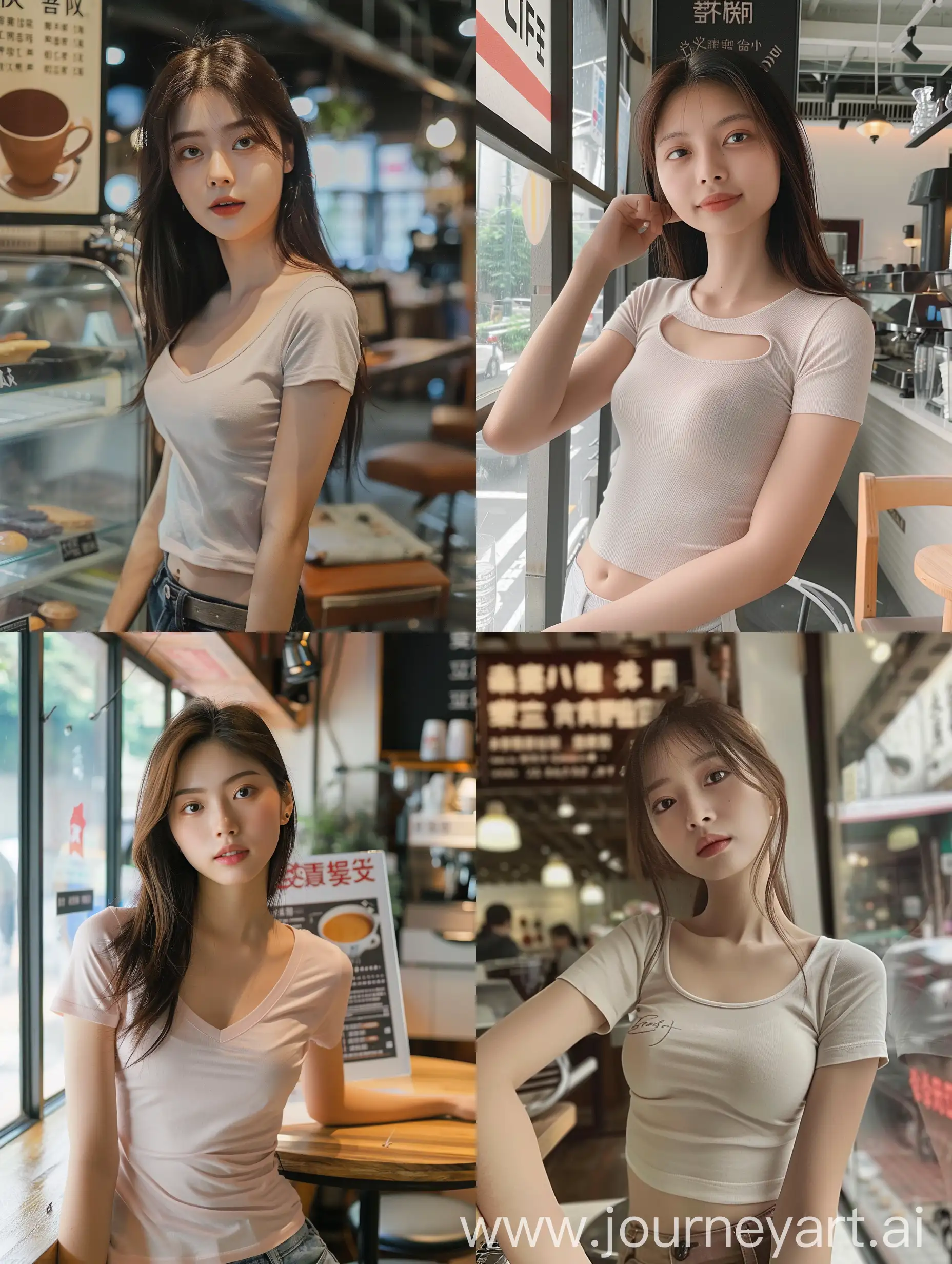 Cute 25 year old Taiwanese girl wearing a plain muted white colored tight T-shirt with a low neckline, posing for a photo in a coffee shop next to a sign
